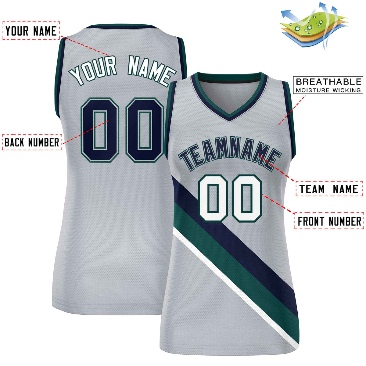 Custom Light Gray Navy-Midnight Green Thick Slash Fashion Tops Mesh Netball Dress For Women