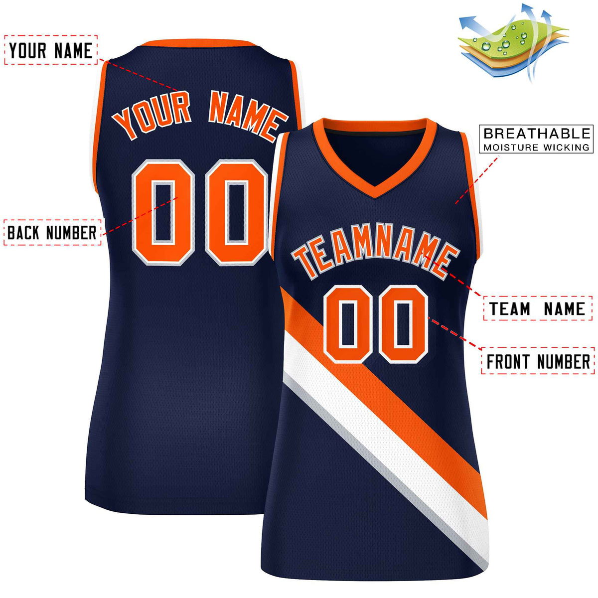 Custom Navy Orange-White Thick Slash Fashion Tops Mesh Netball Dress For Women