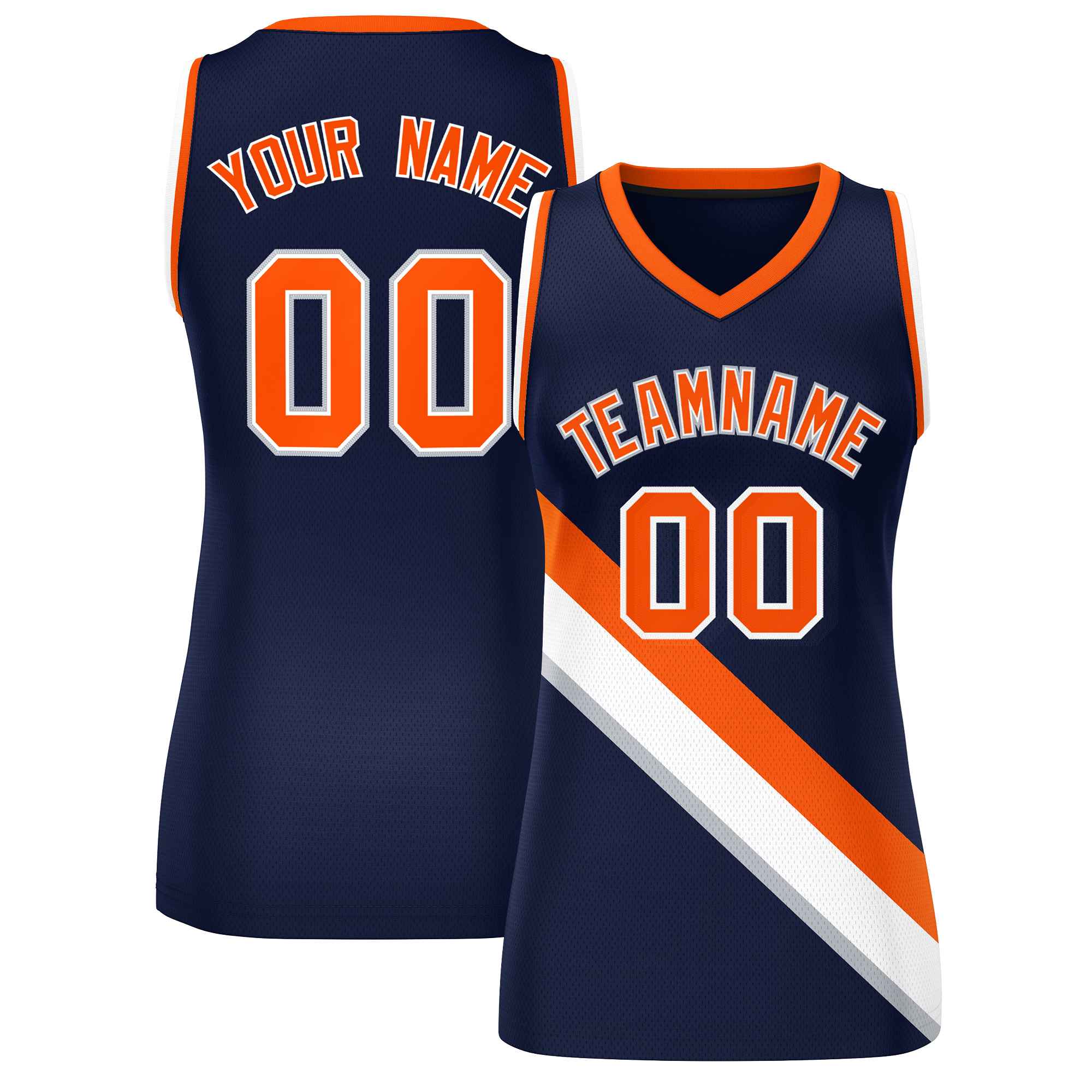 Custom Navy Orange-White Thick Slash Fashion Tops Mesh Netball Dress For Women