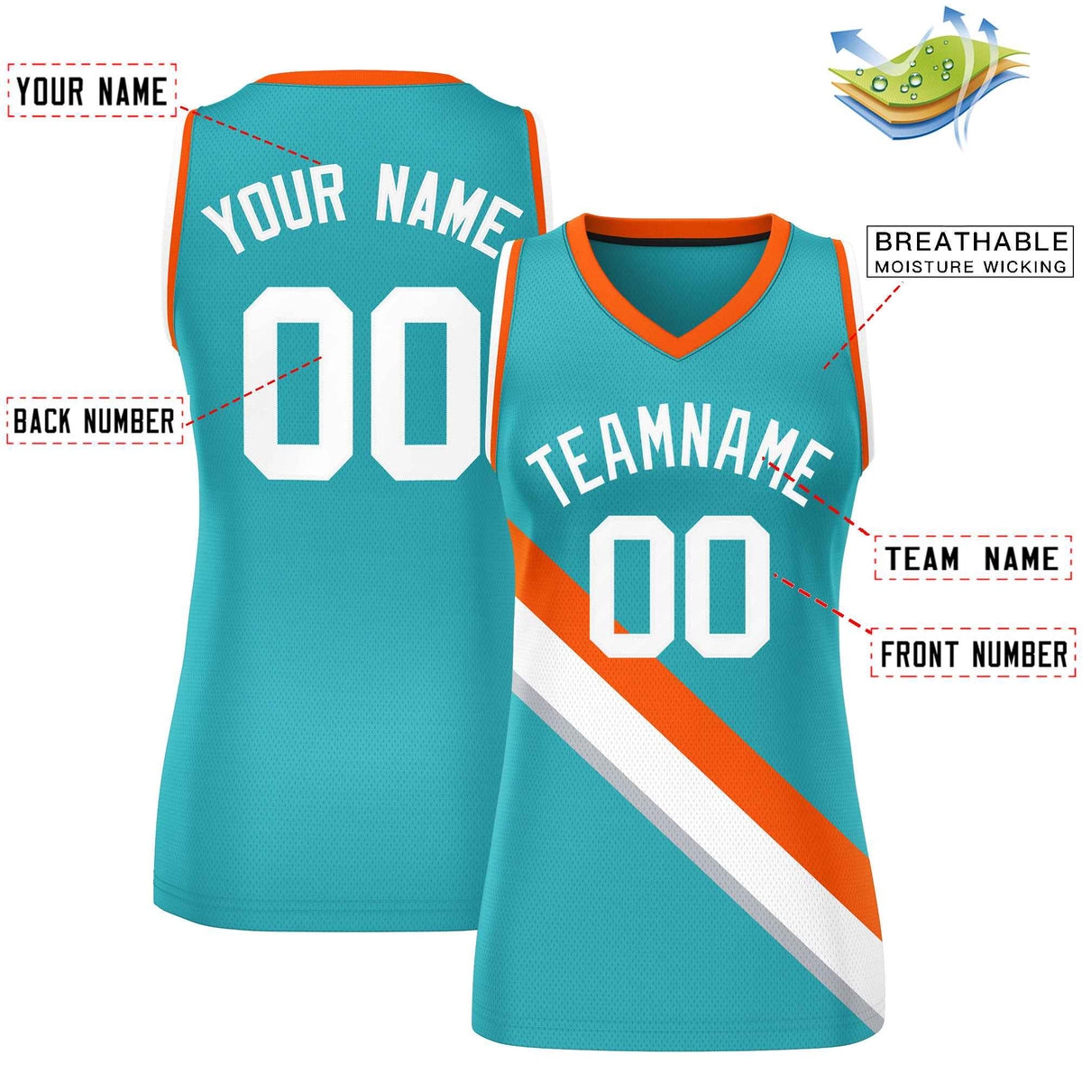 Custom Aqua Orange-White Thick Slash Fashion Tops Mesh Netball Dress For Women