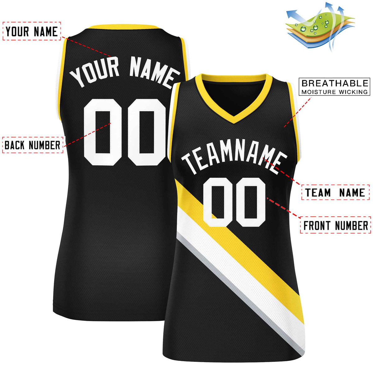 Custom Black Gold-White Thick Slash Fashion Tops Mesh Netball Dress For Women