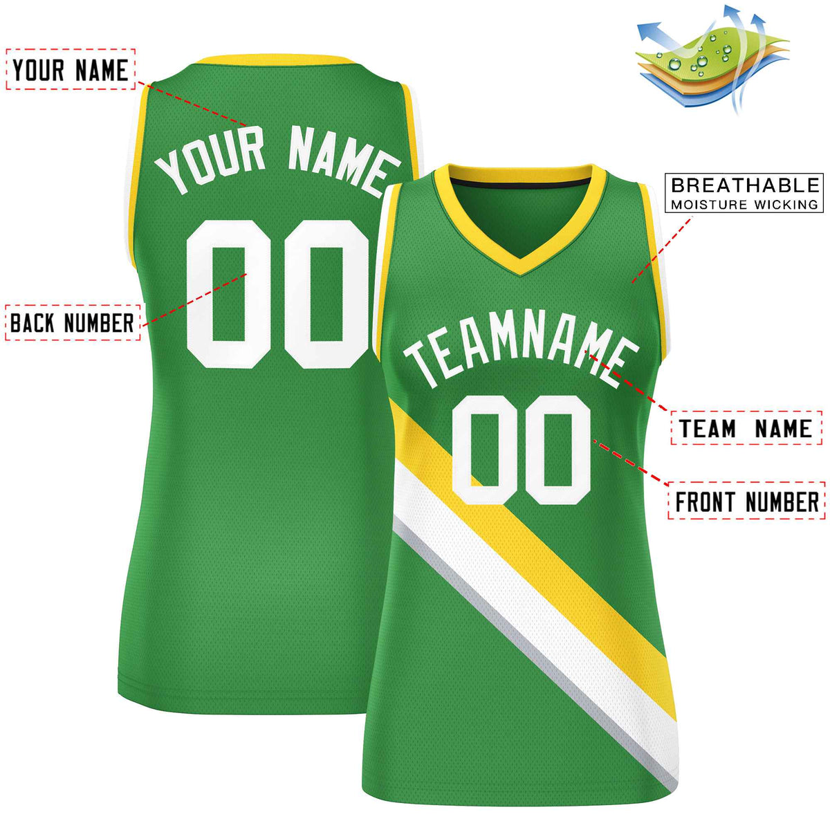 Custom Kelly Green Gold-White Thick Slash Fashion Tops Mesh Netball Dress For Women