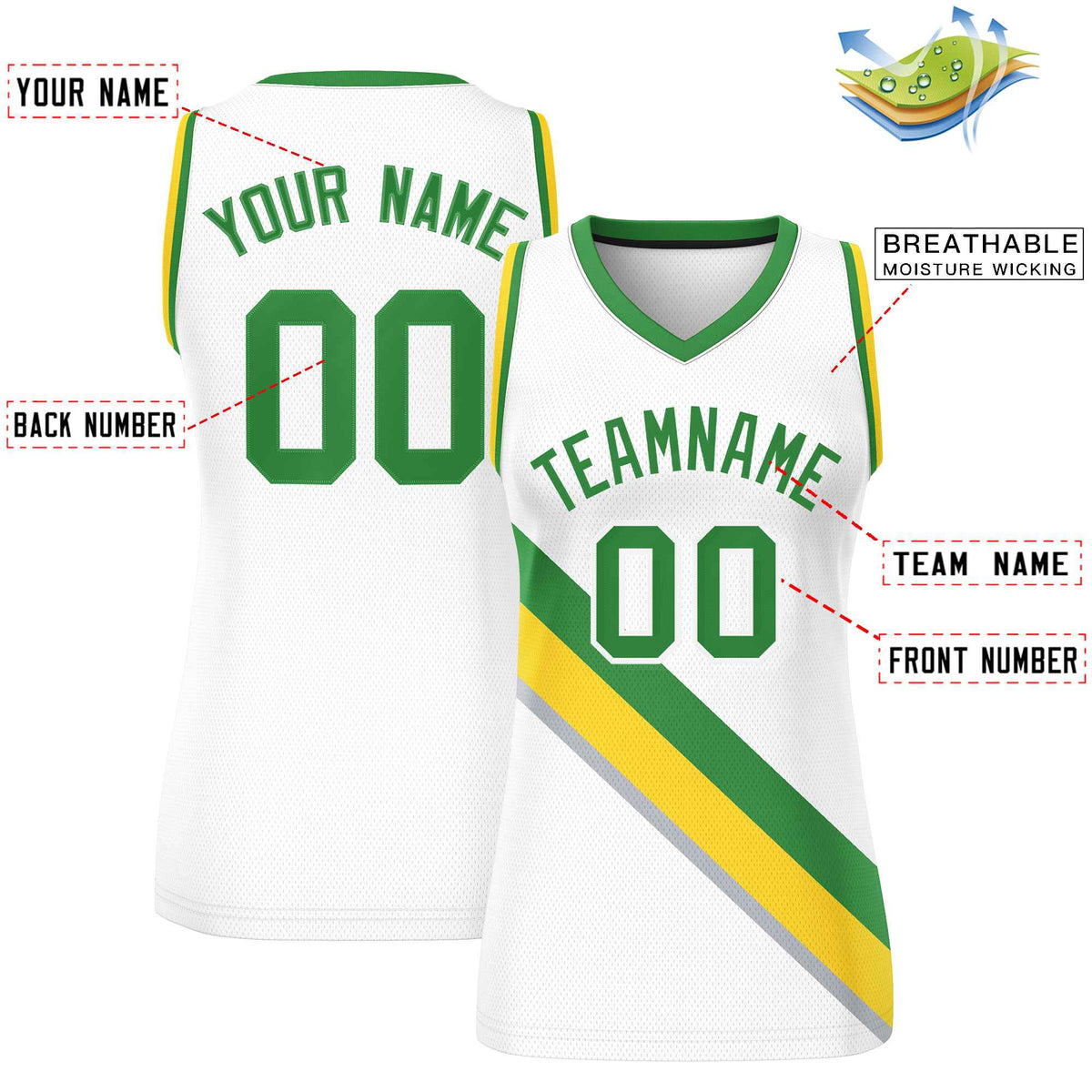 Custom White Kelly Green-Gold Thick Slash Fashion Tops Mesh Netball Dress For Women
