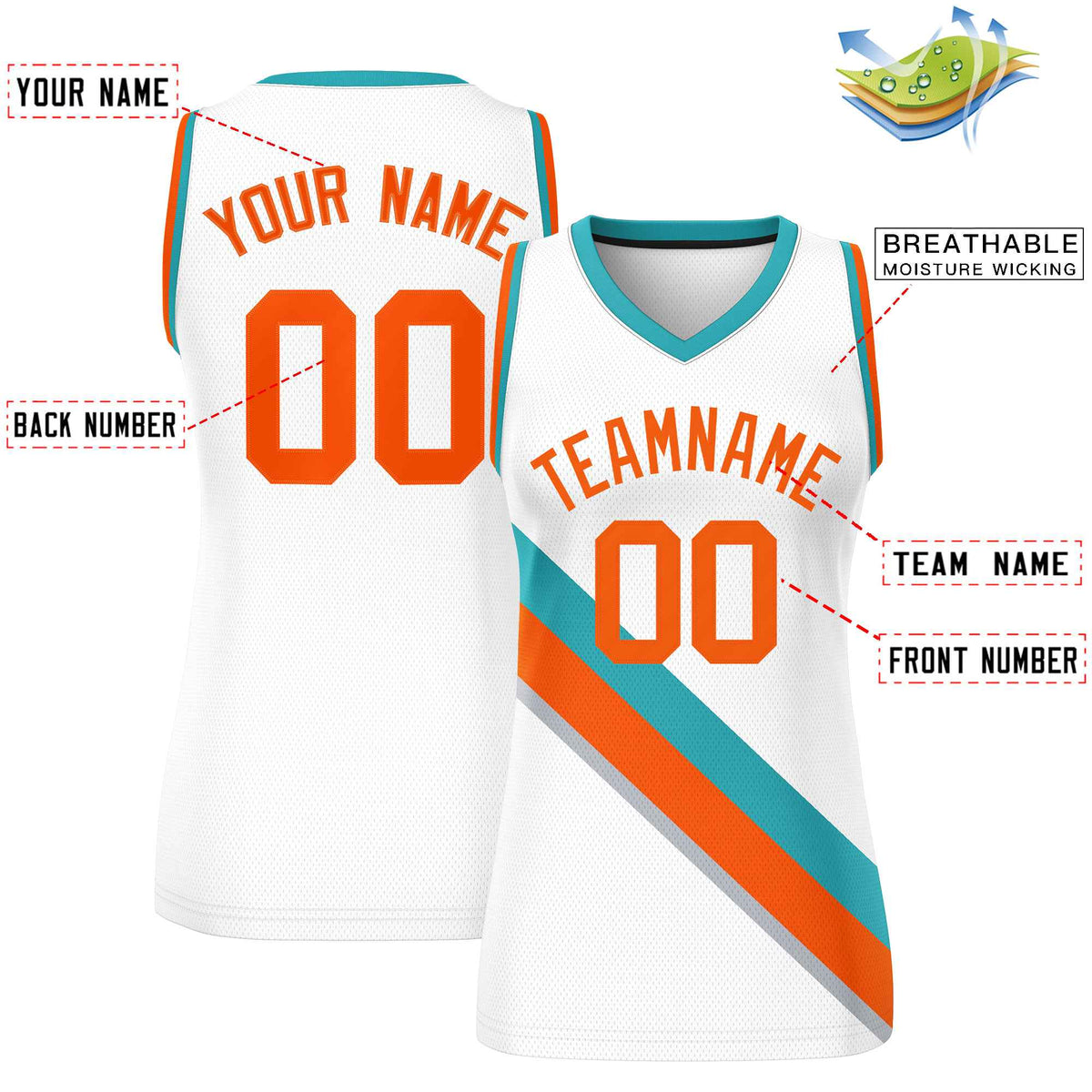 Custom White Aqua-Orange Thick Slash Fashion Tops Mesh Netball Dress For Women