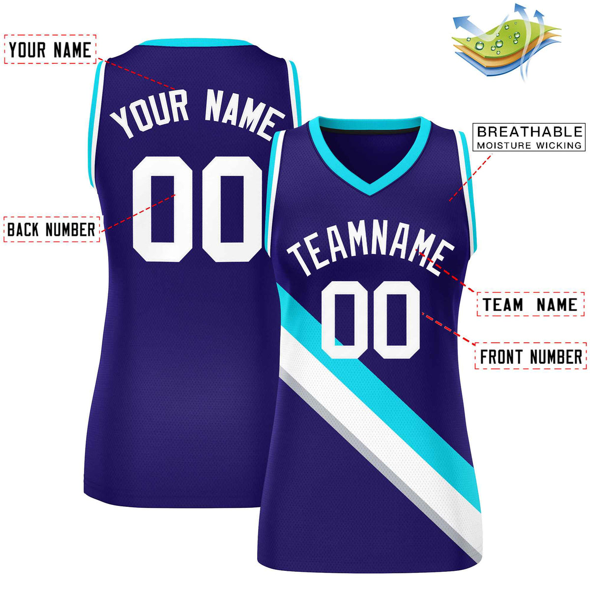 Custom Purple White-Powder Blue Thick Slash Fashion Tops Mesh Netball Dress For Women