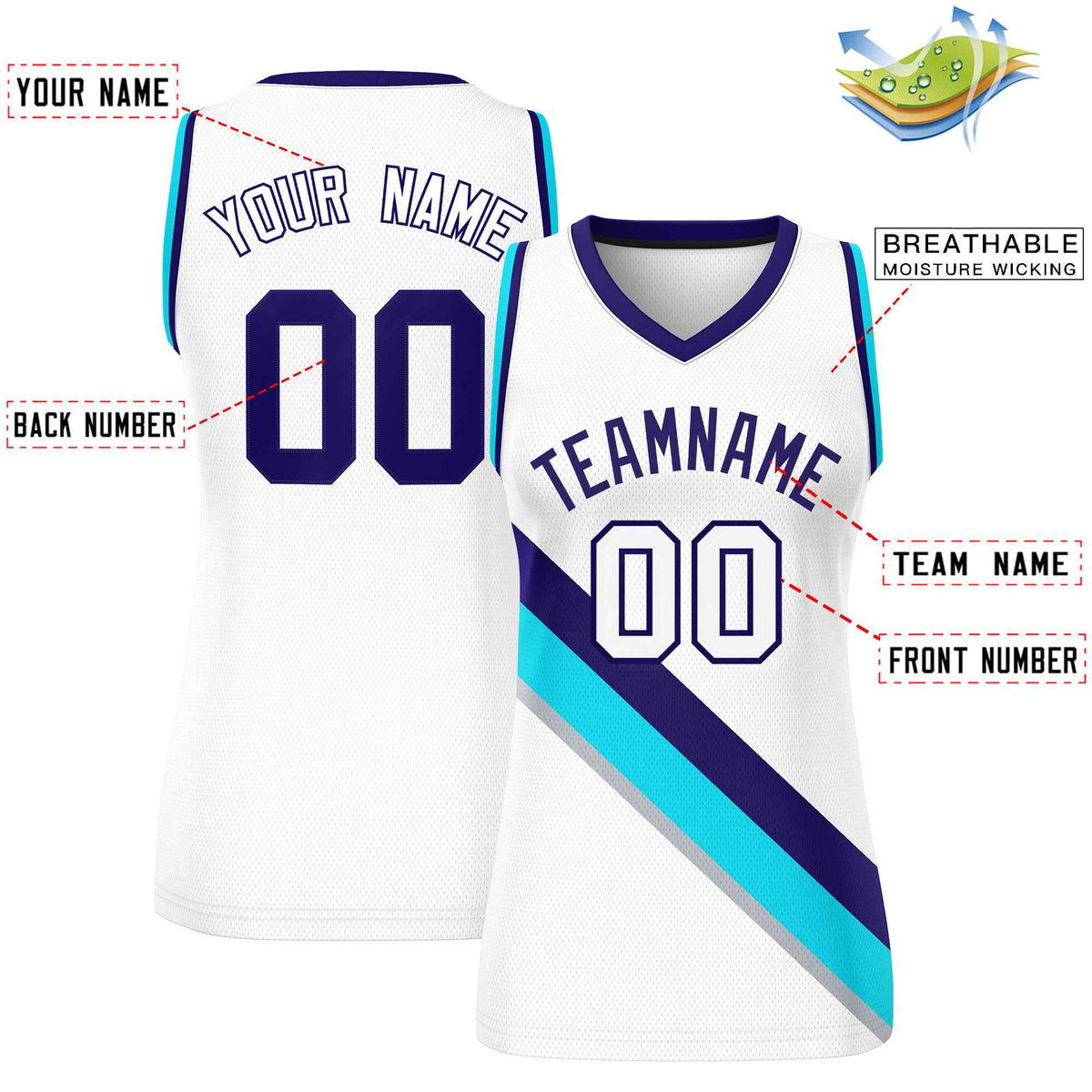 Custom White Purple-Powder Blue Thick Slash Fashion Tops Mesh Netball Dress For Women