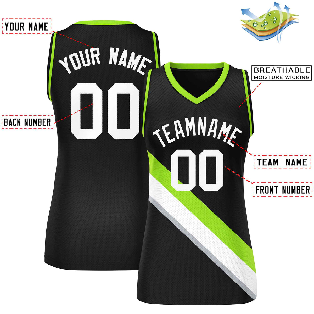 Custom Black Neon Green-Black Thick Slash Fashion Tops Mesh Netball Dress For Women