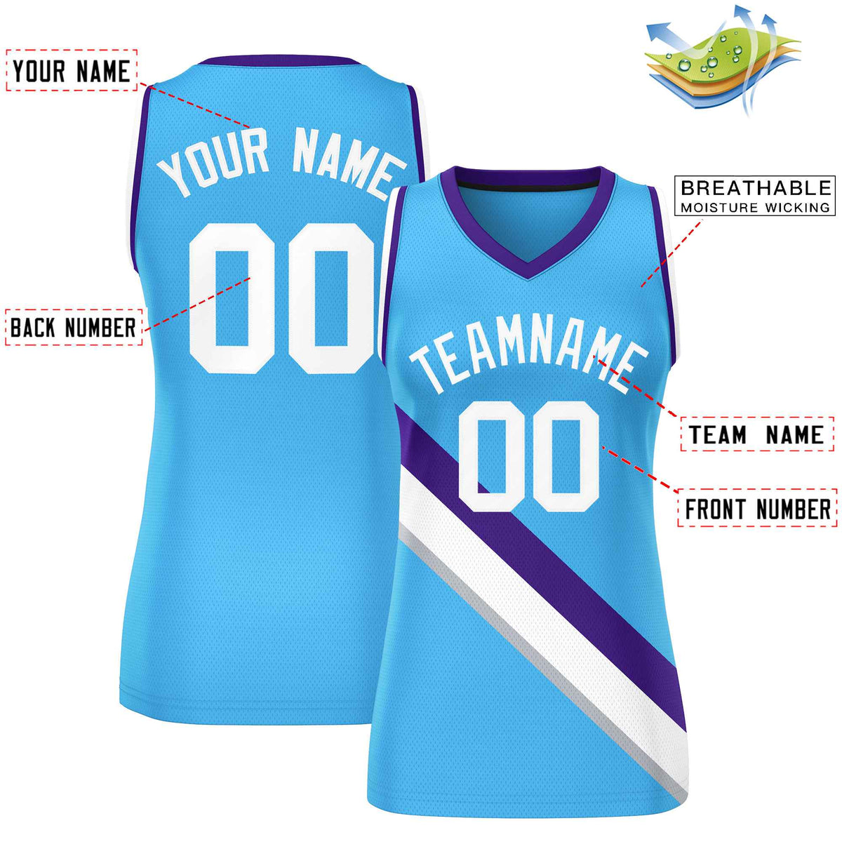 Custom Powder Blue Purple-White Thick Slash Fashion Tops Mesh Netball Dress For Women