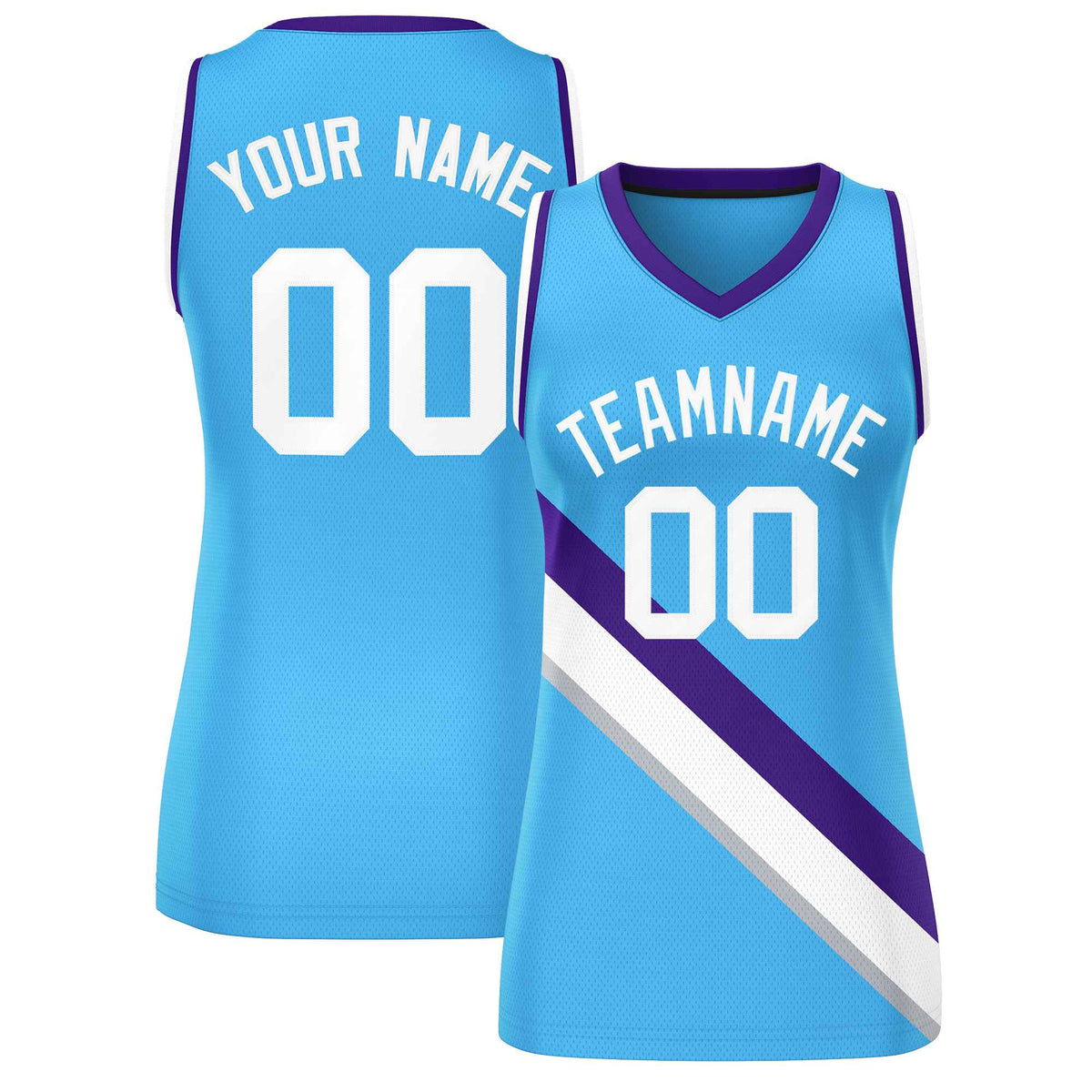 Custom Powder Blue Purple-White Thick Slash Fashion Tops Mesh Netball Dress For Women