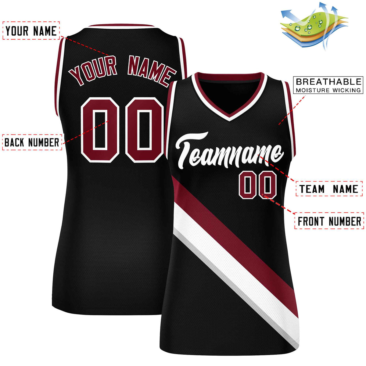 Custom Black Crimson-White Thick Slash Fashion Tops Mesh Netball Dress For Women