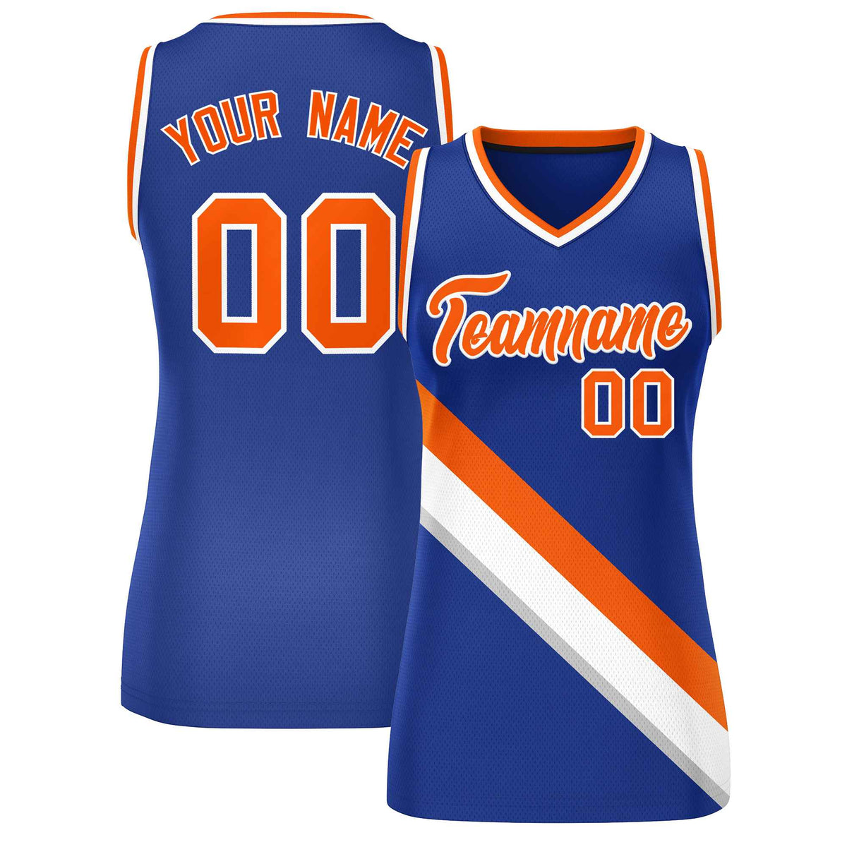 Custom Royal White-Orange Thick Slash Fashion Tops Mesh Netball Dress For Women