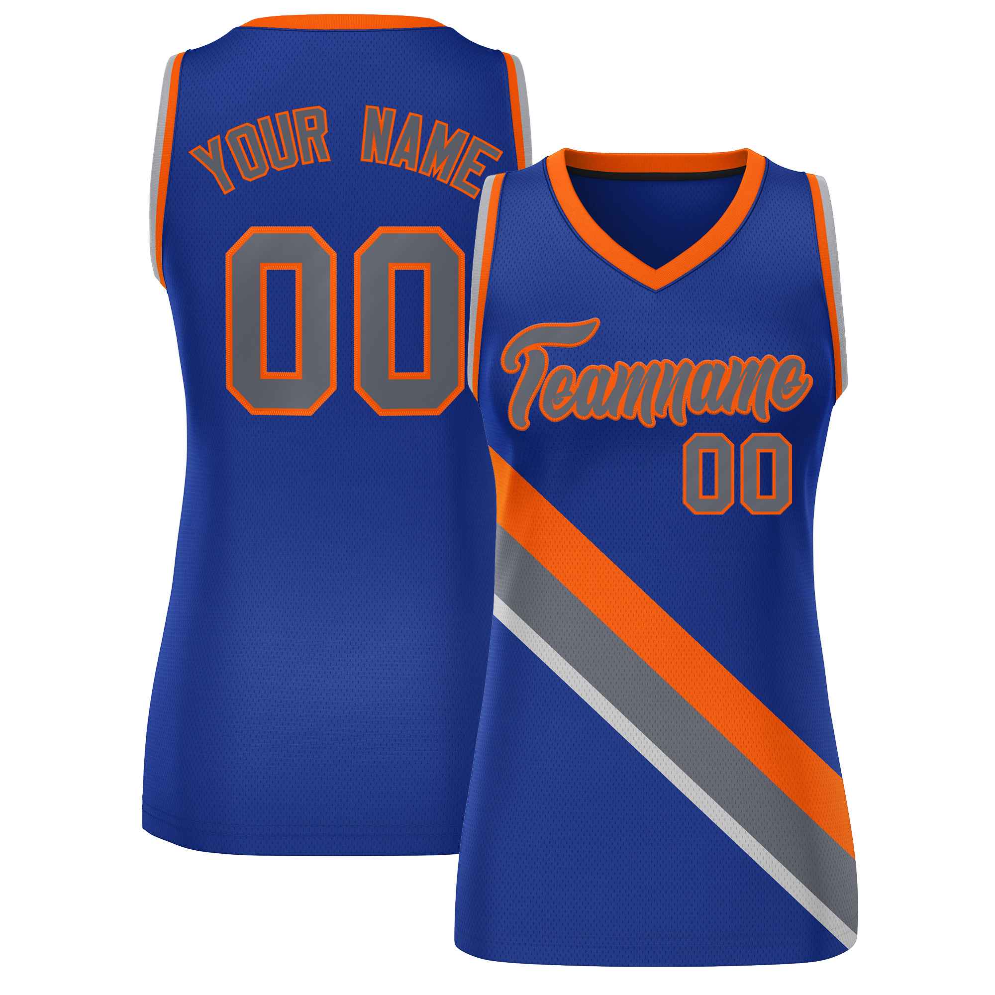 Custom Royal Orange-Dark Gray Thick Slash Fashion Tops Mesh Netball Dress For Women