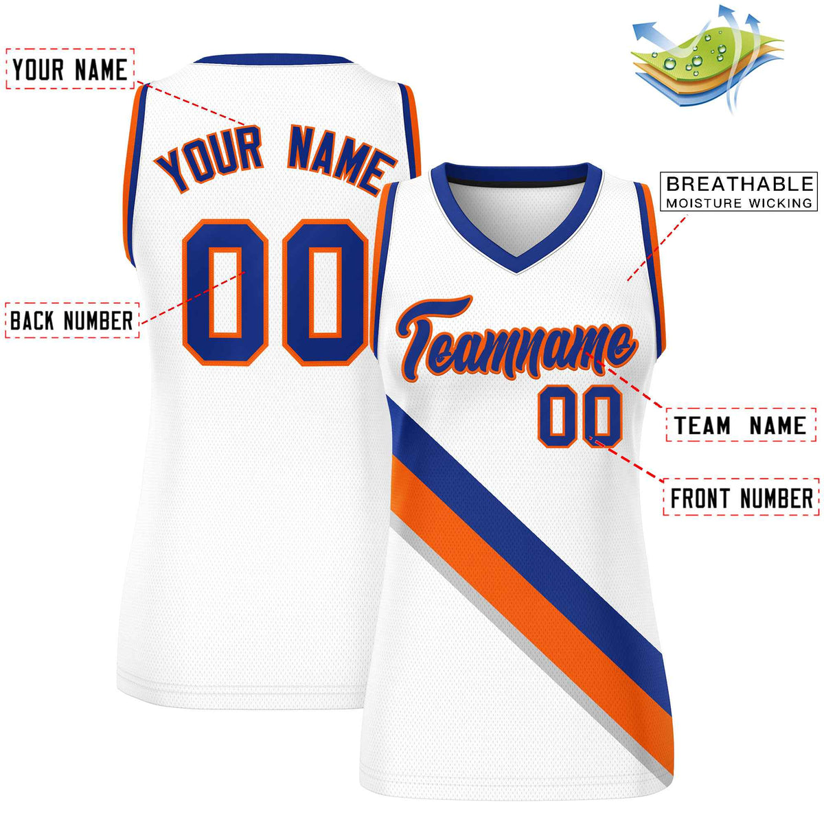 Custom White Royal-Orange Thick Slash Fashion Tops Mesh Netball Dress For Women
