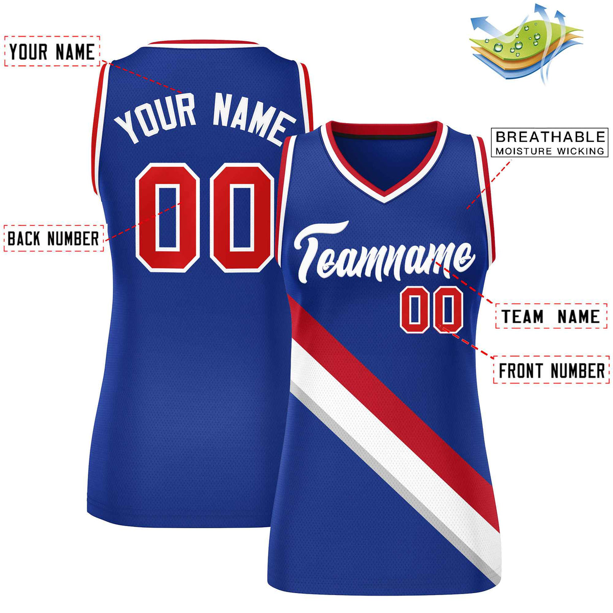 Custom Royal White-Red Thick Slash Fashion Tops Mesh Netball Dress For Women