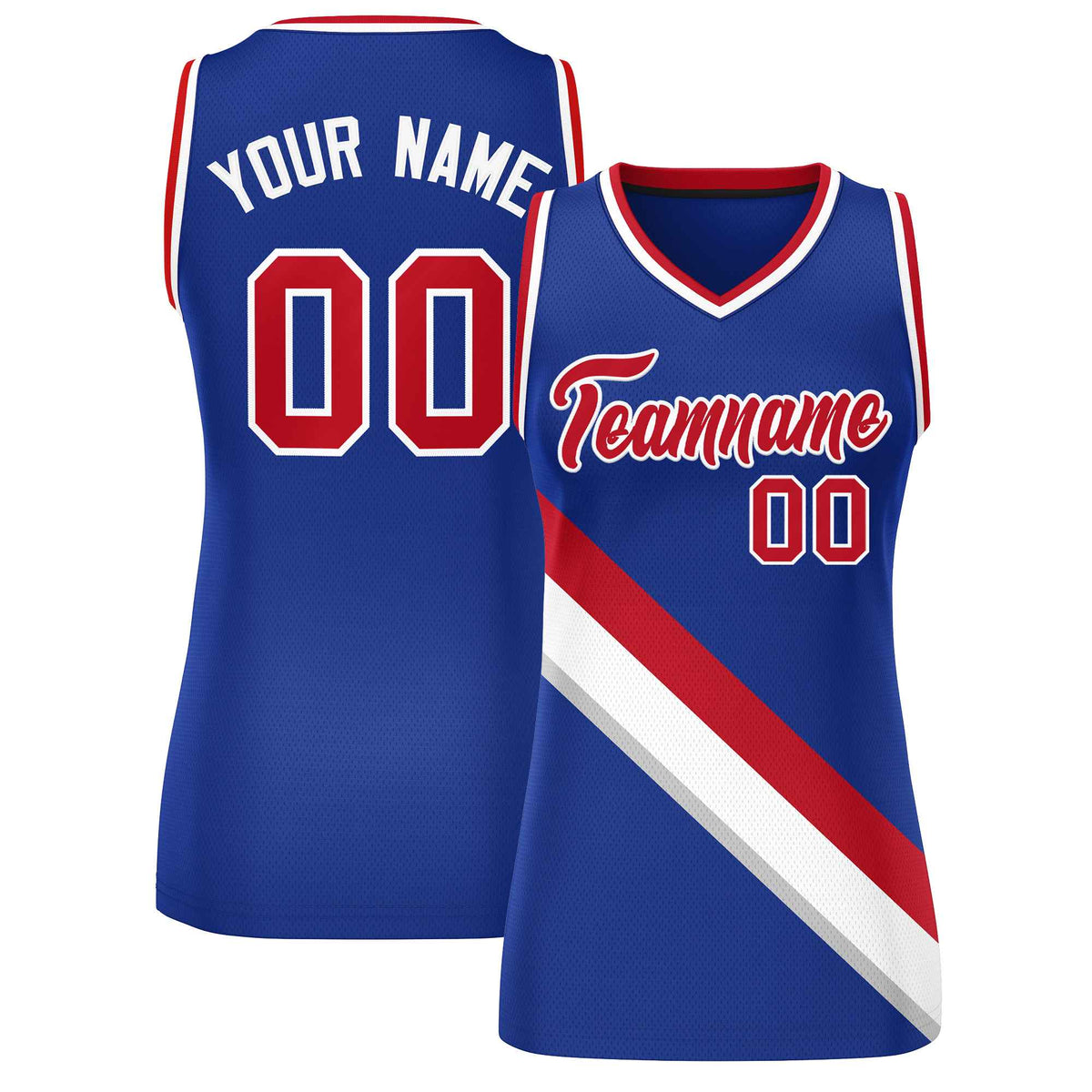 Custom Royal White-Red Thick Slash Fashion Tops Mesh Netball Dress For Women