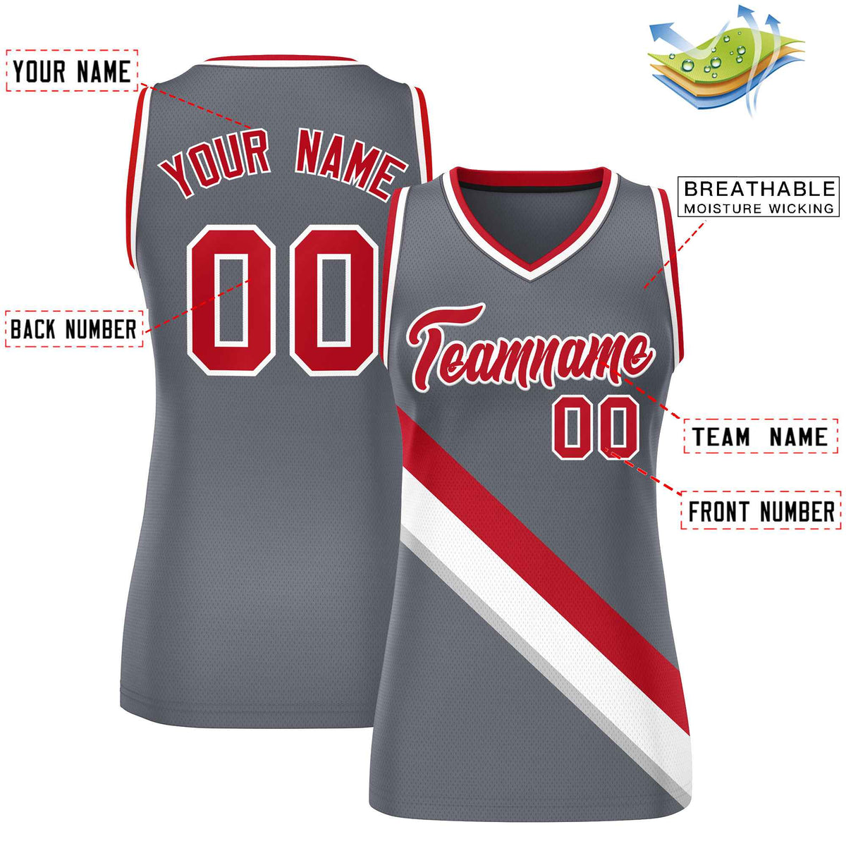 Custom Dark Gray White-Red Thick Slash Fashion Tops Mesh Netball Dress For Women
