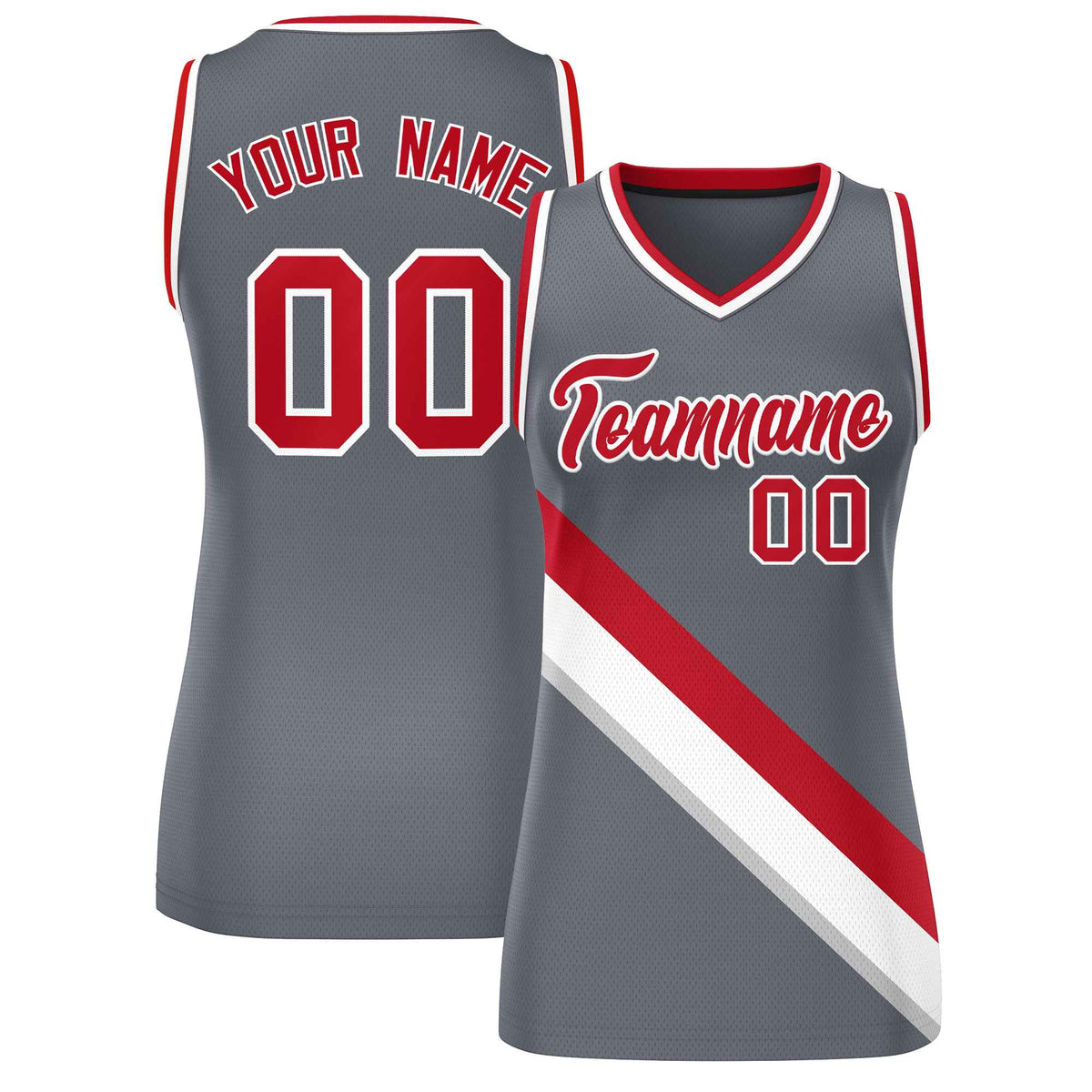 Custom Dark Gray White-Red Thick Slash Fashion Tops Mesh Netball Dress For Women