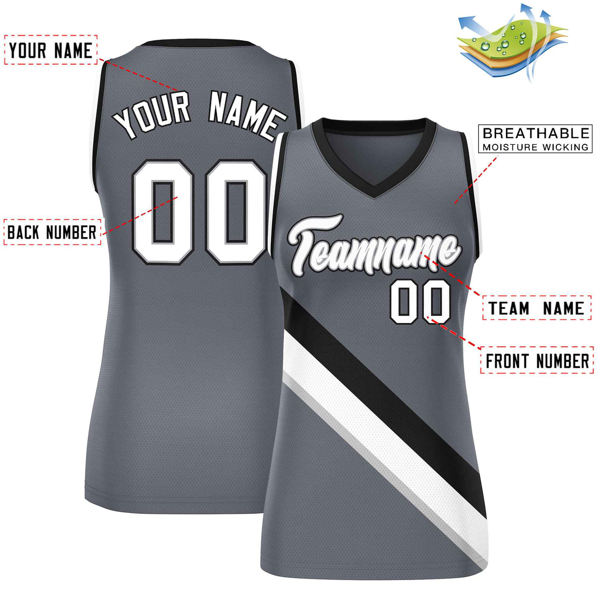 Custom Dark Gray Black-White Thick Slash Fashion Tops Mesh Netball Dress For Women