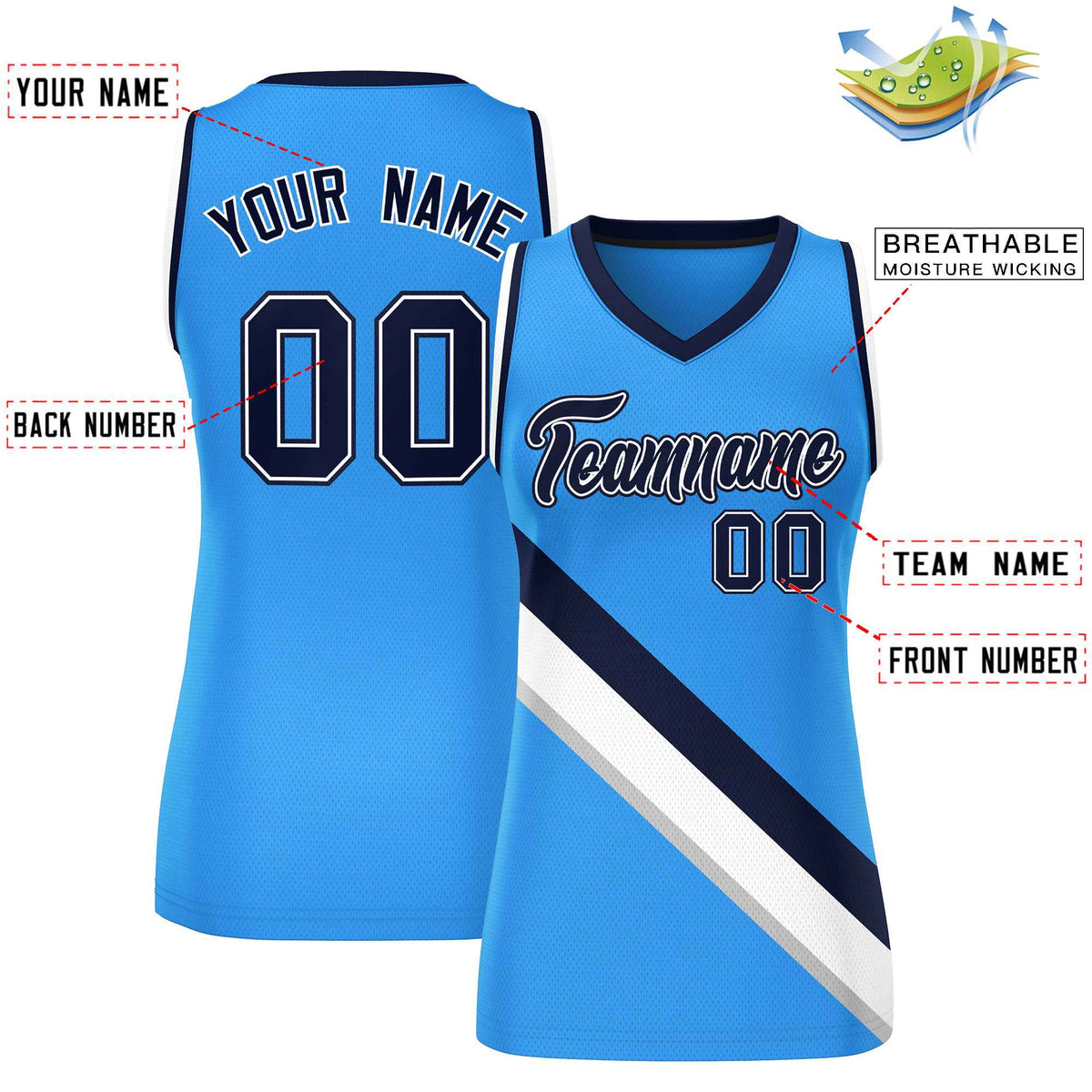 Custom Powder Blue Navy-White Thick Slash Fashion Tops Mesh Netball Dress For Women