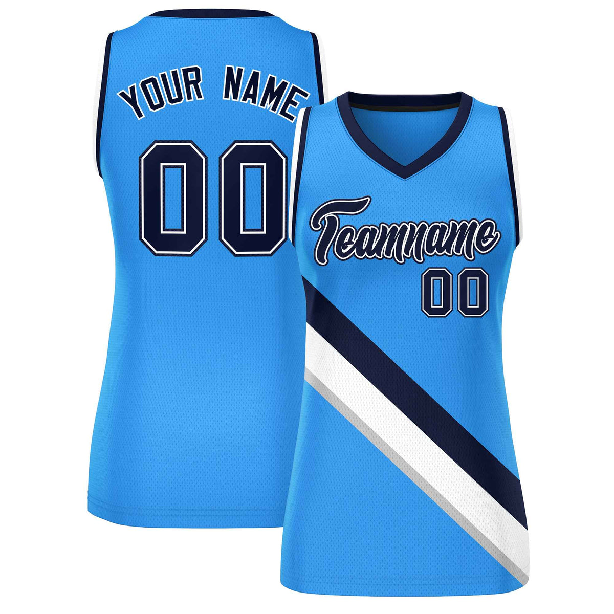 Custom Powder Blue Navy-White Thick Slash Fashion Tops Mesh Netball Dress For Women