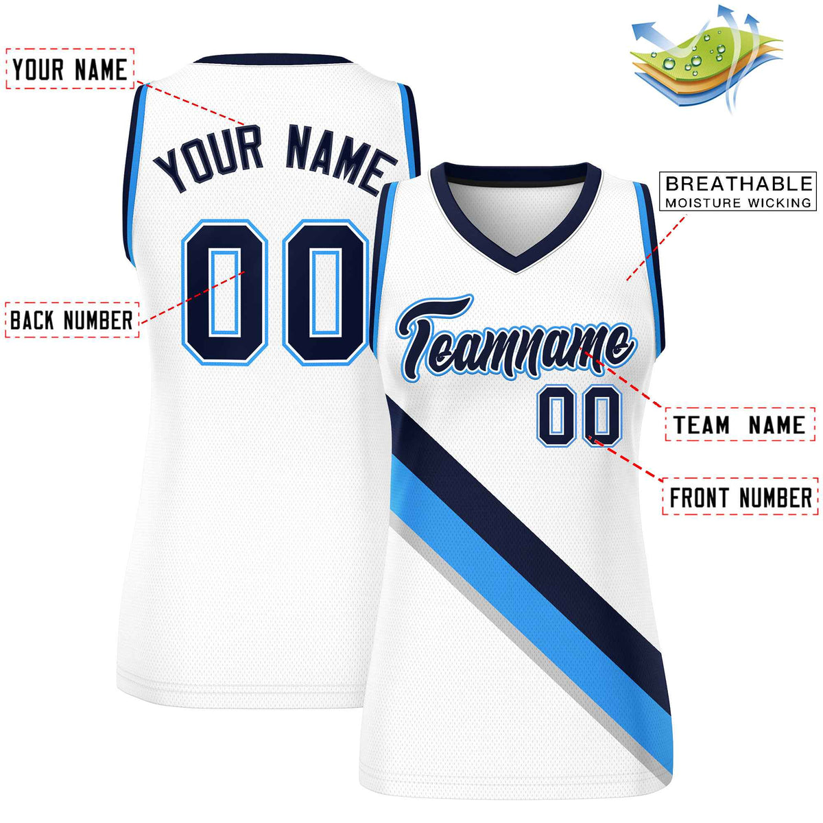 Custom White Powder Blue-Navy Thick Slash Fashion Tops Mesh Netball Dress For Women
