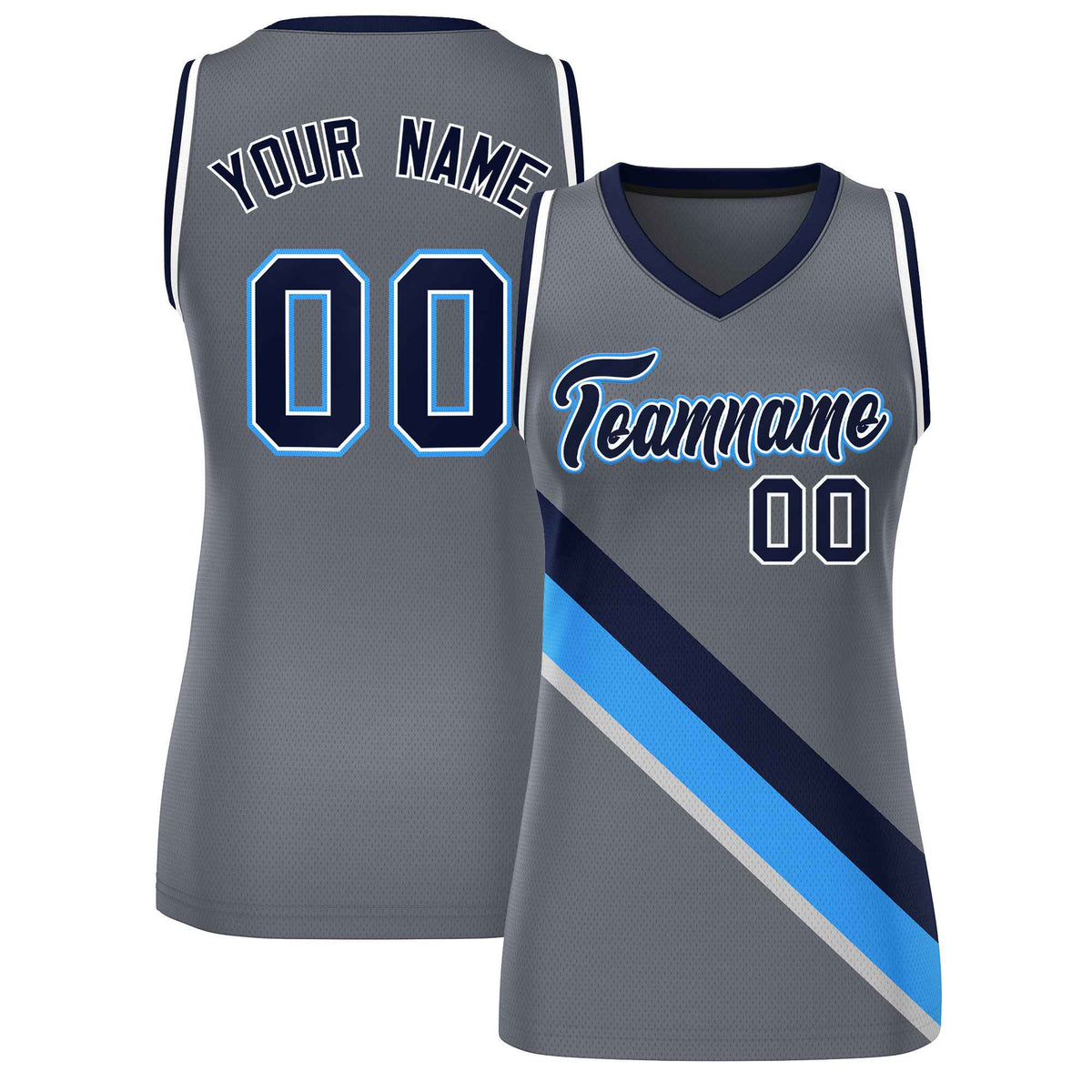 Custom Dark Gray White-Navy Thick Slash Fashion Tops Mesh Netball Dress For Women