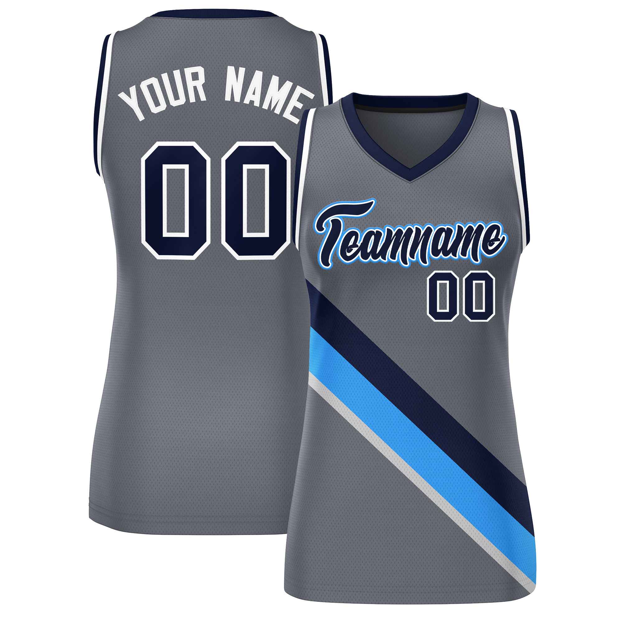 Custom Dark Gray White-Navy Thick Slash Fashion Tops Mesh Netball Dress For Women