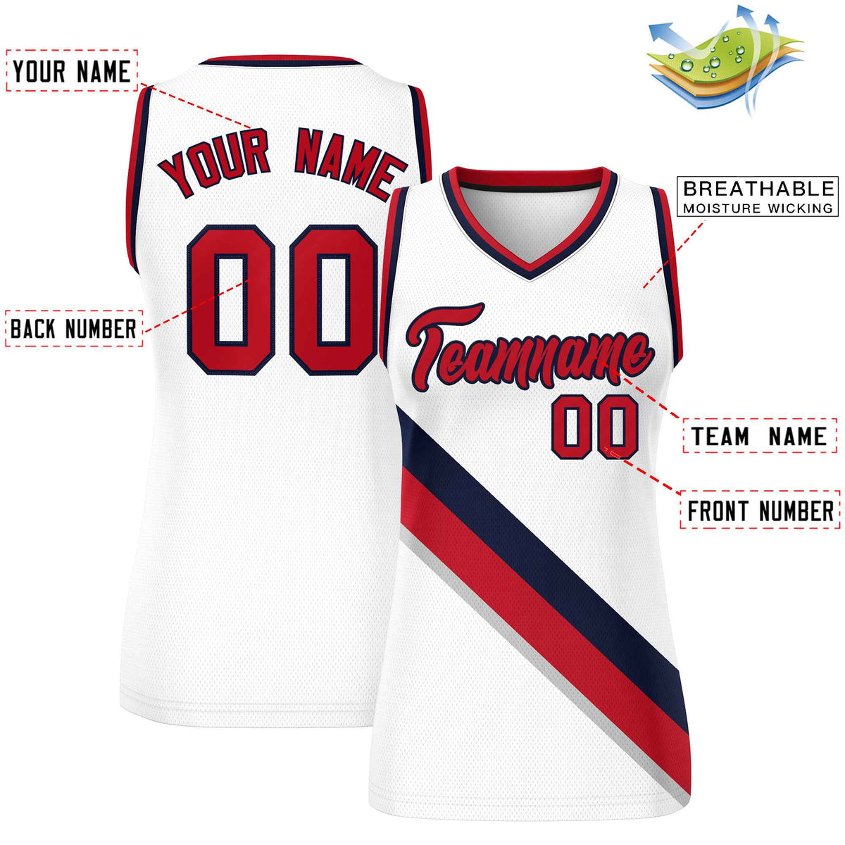 Custom White Navy-Red Thick Slash Fashion Tops Mesh Netball Dress For Women
