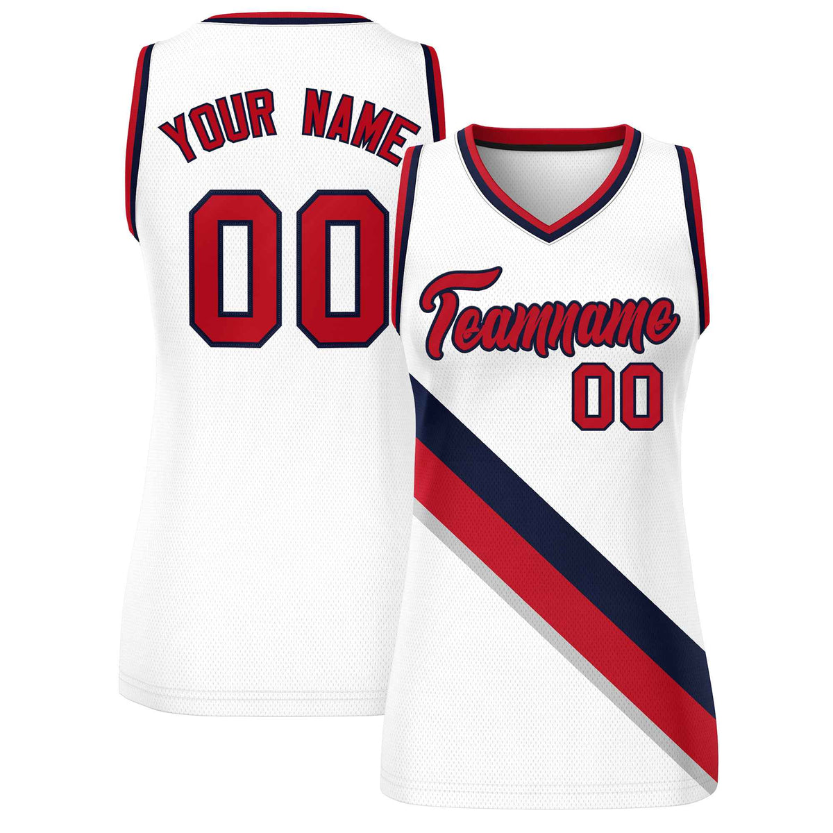 Custom White Navy-Red Thick Slash Fashion Tops Mesh Netball Dress For Women
