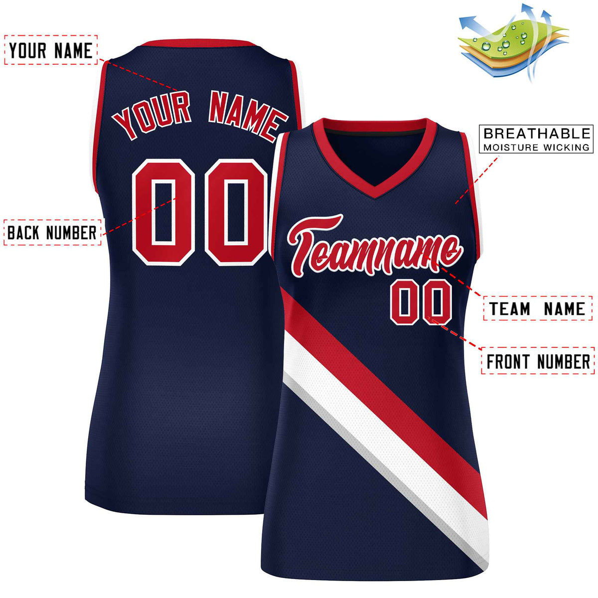 Custom Dark Gray Navy-Red Thick Slash Fashion Tops Mesh Netball Dress For Women