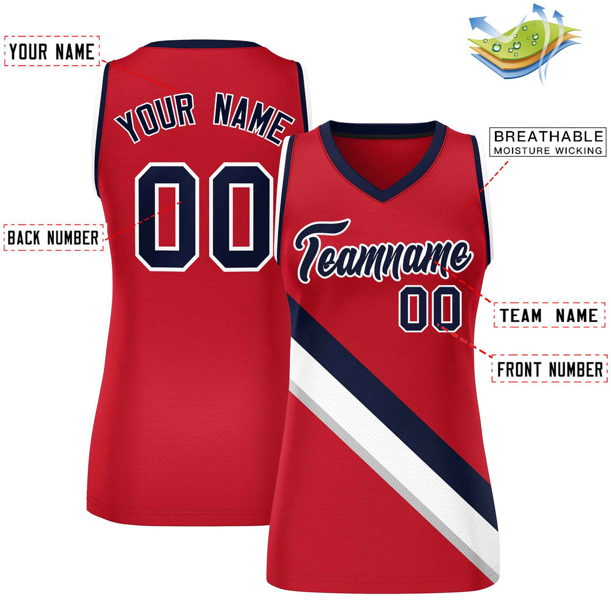 Custom Red Navy-White Thick Slash Fashion Tops Mesh Netball Dress For Women