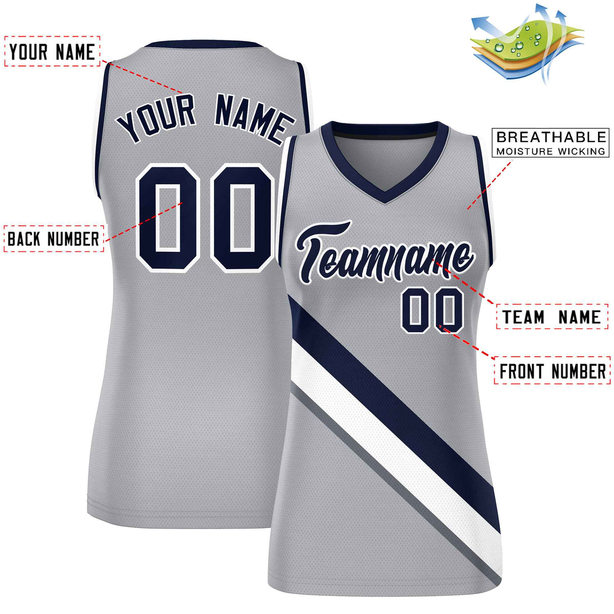 Custom Light Gray Navy-White Thick Slash Fashion Tops Mesh Netball Dress For Women