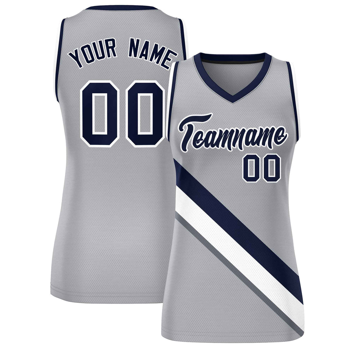 Custom Light Gray Navy-White Thick Slash Fashion Tops Mesh Netball Dress For Women
