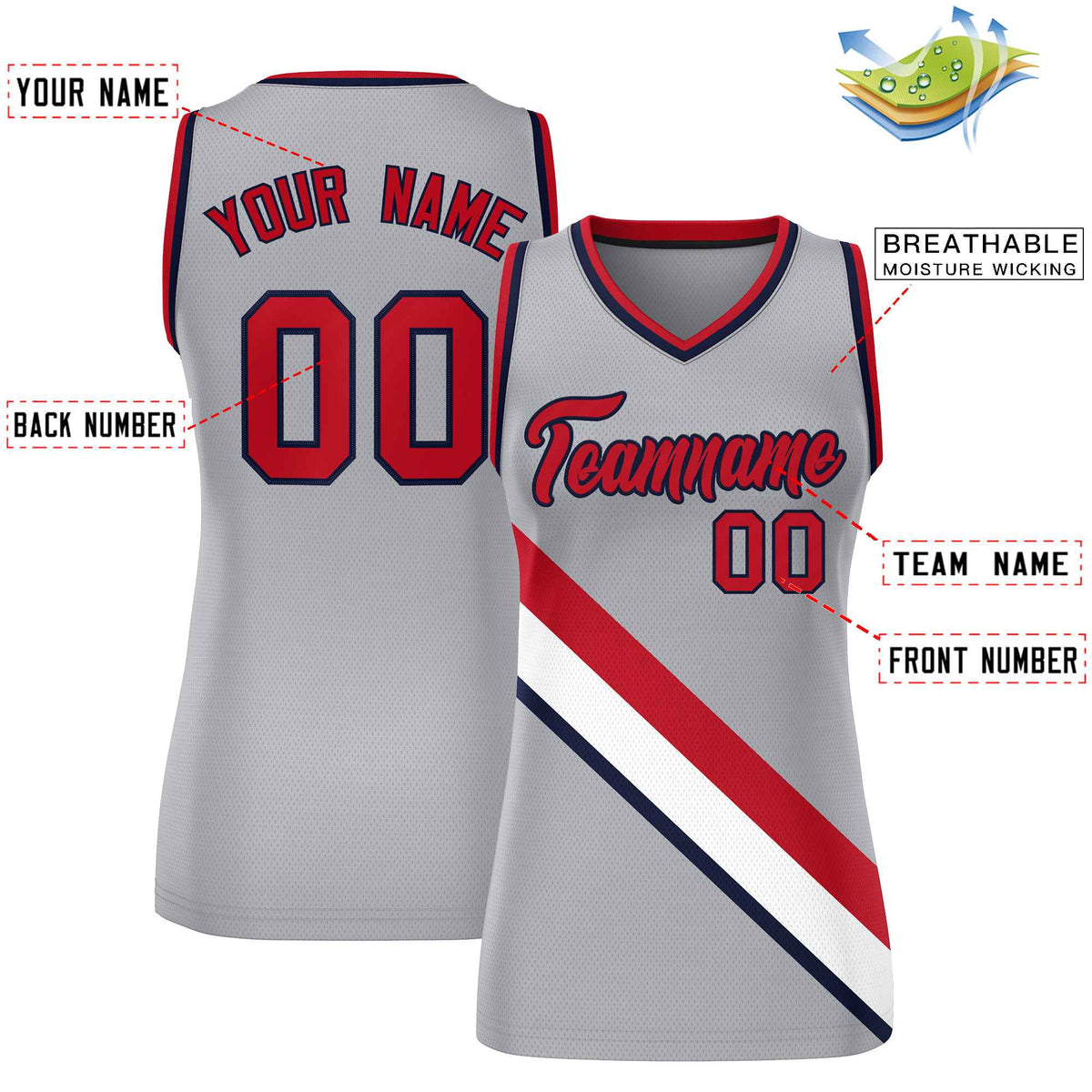 Custom Light Gray Navy-Red Thick Slash Fashion Tops Mesh Netball Dress For Women