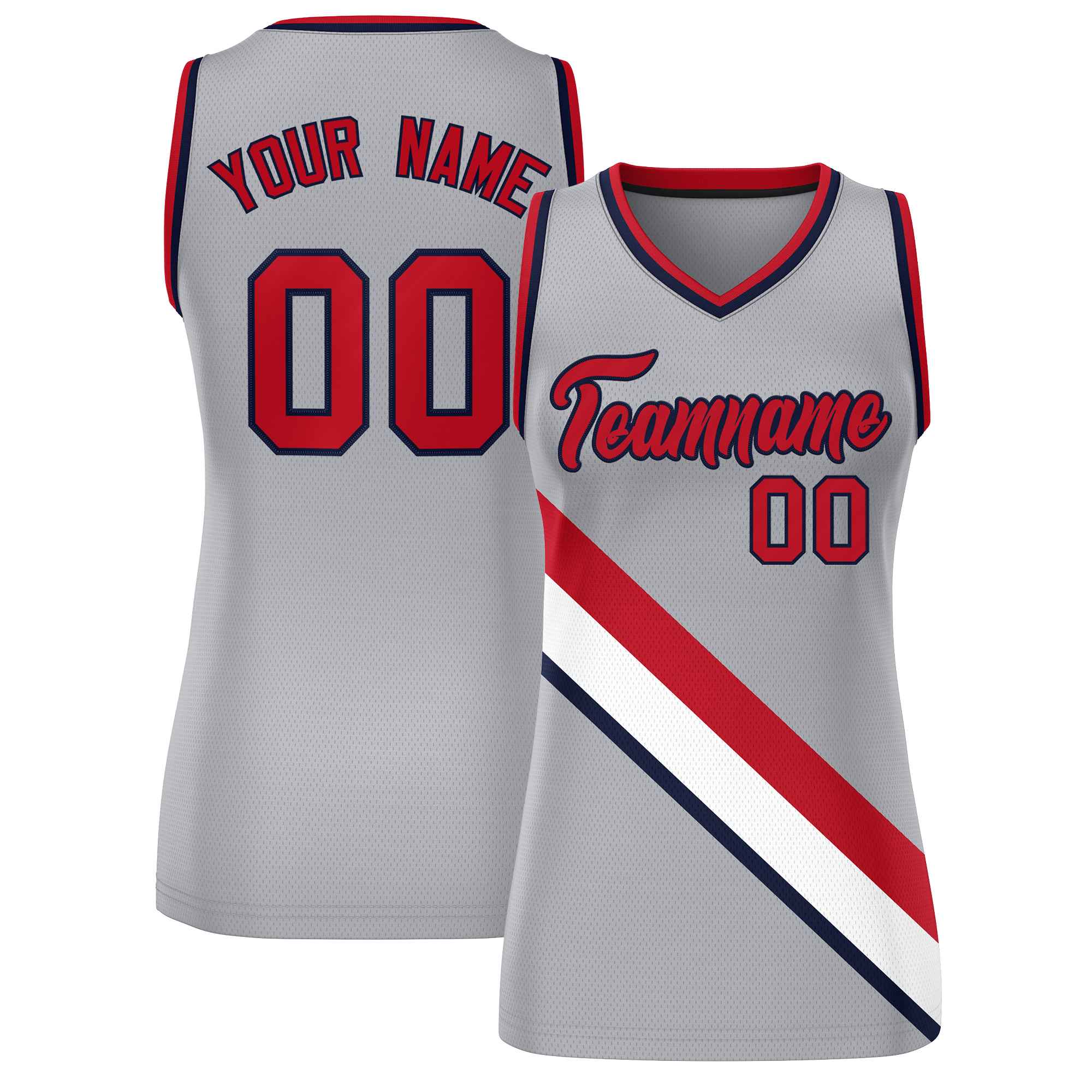 Custom Light Gray Navy-Red Thick Slash Fashion Tops Mesh Netball Dress For Women