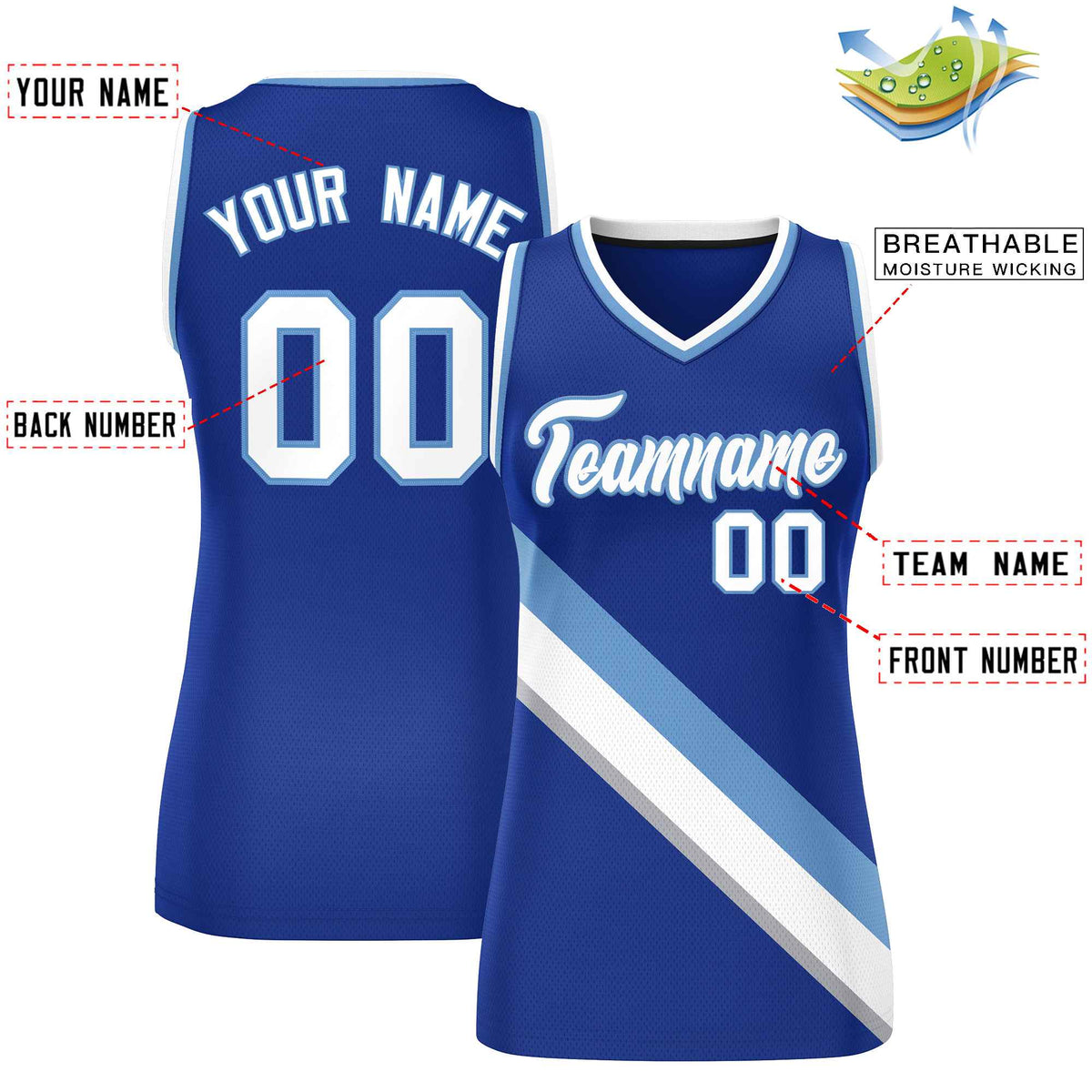 Custom Royal White-Light Blue Thick Slash Fashion Tops Mesh Netball Dress For Women