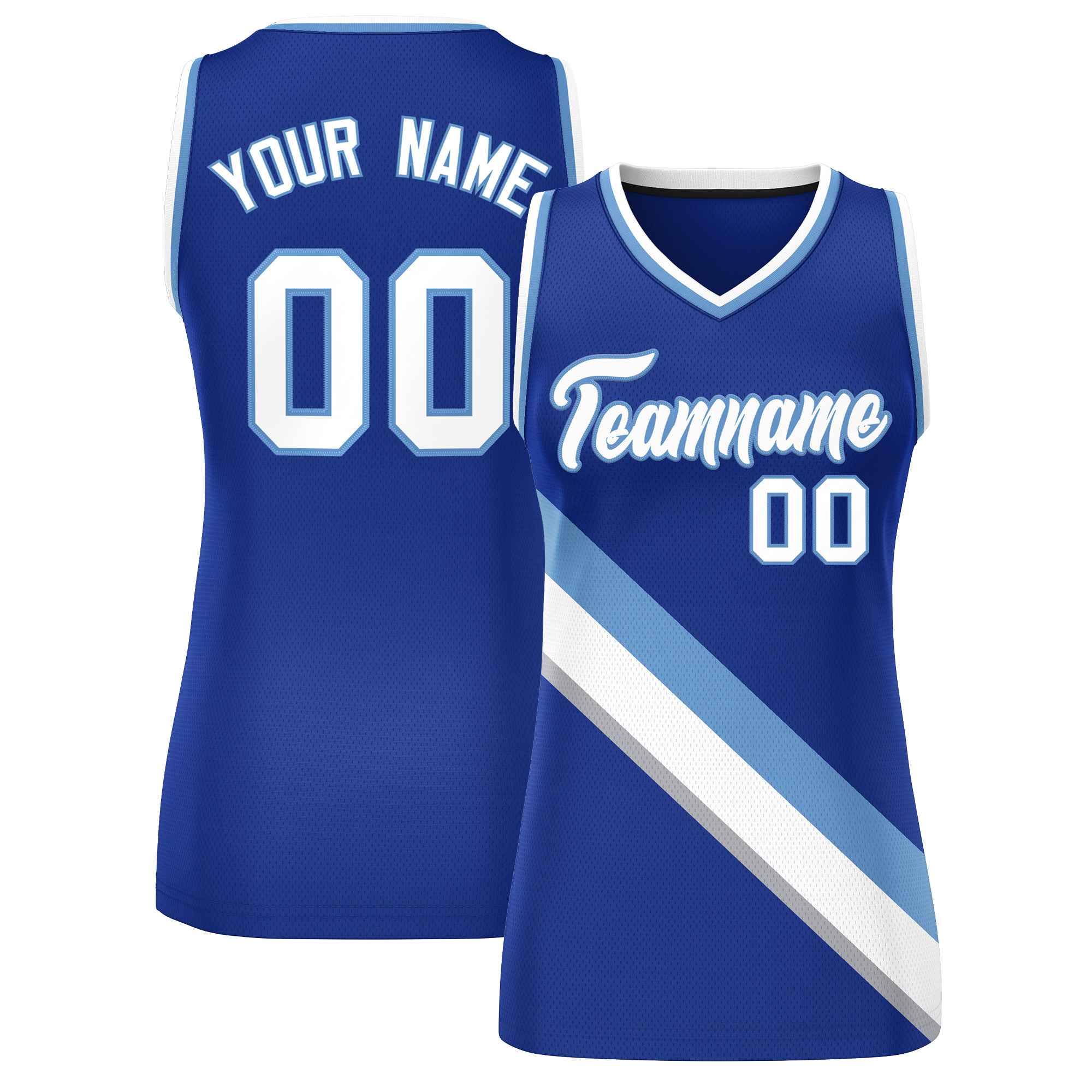 Custom Royal White-Light Blue Thick Slash Fashion Tops Mesh Netball Dress For Women