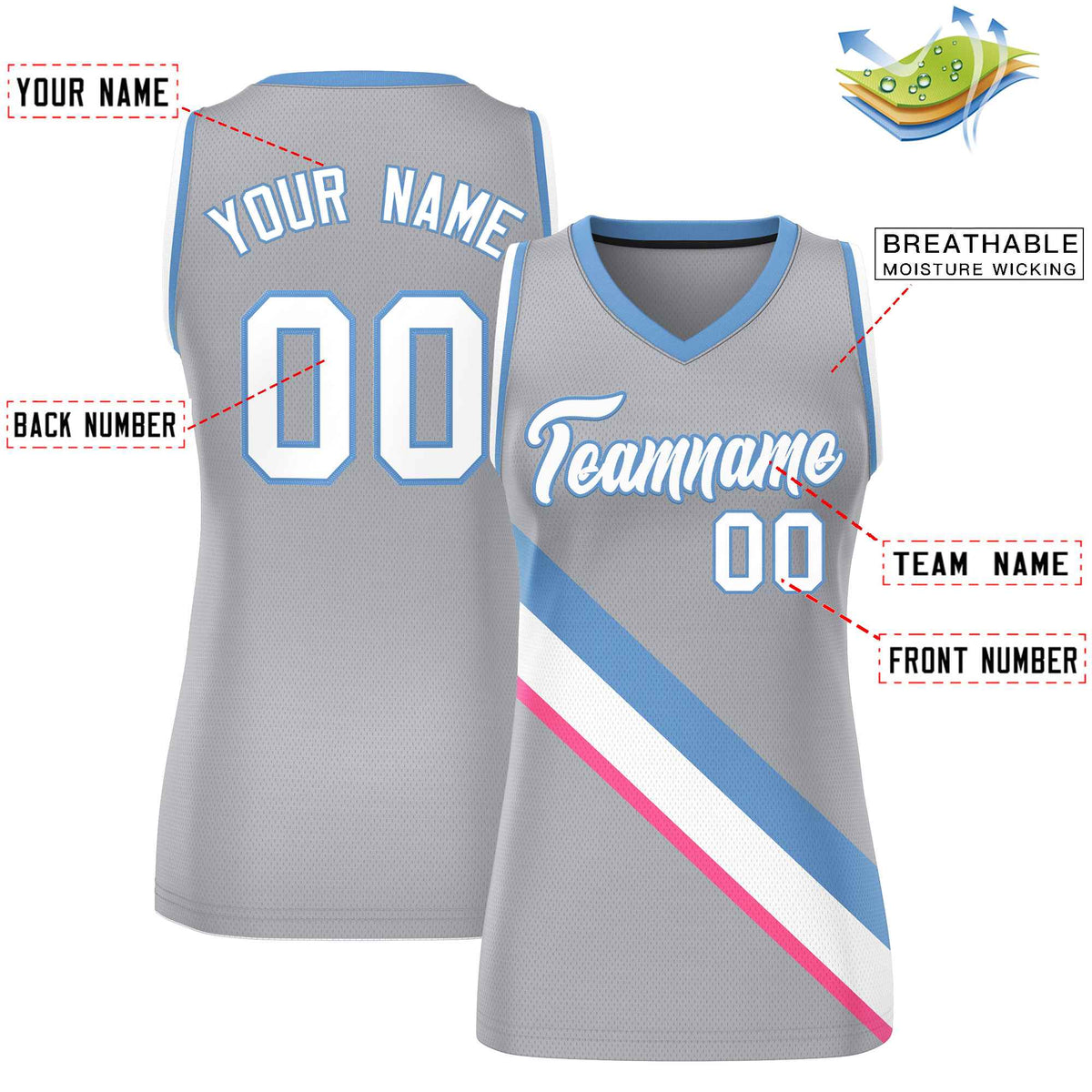 Custom Light Gray White-Light Blue Thick Slash Fashion Tops Mesh Netball Dress For Women