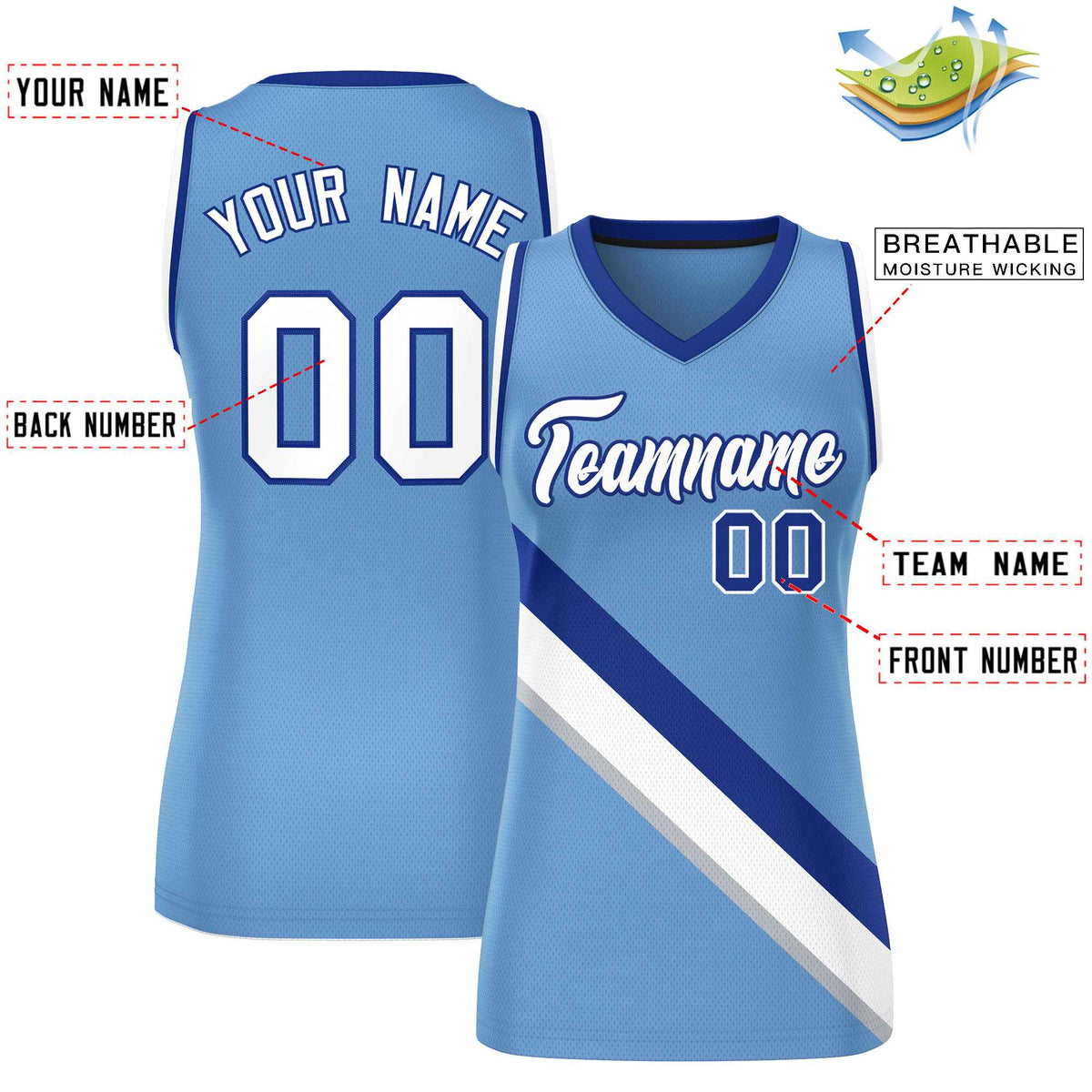 Custom Light Blue White-Royal Thick Slash Fashion Tops Mesh Netball Dress For Women