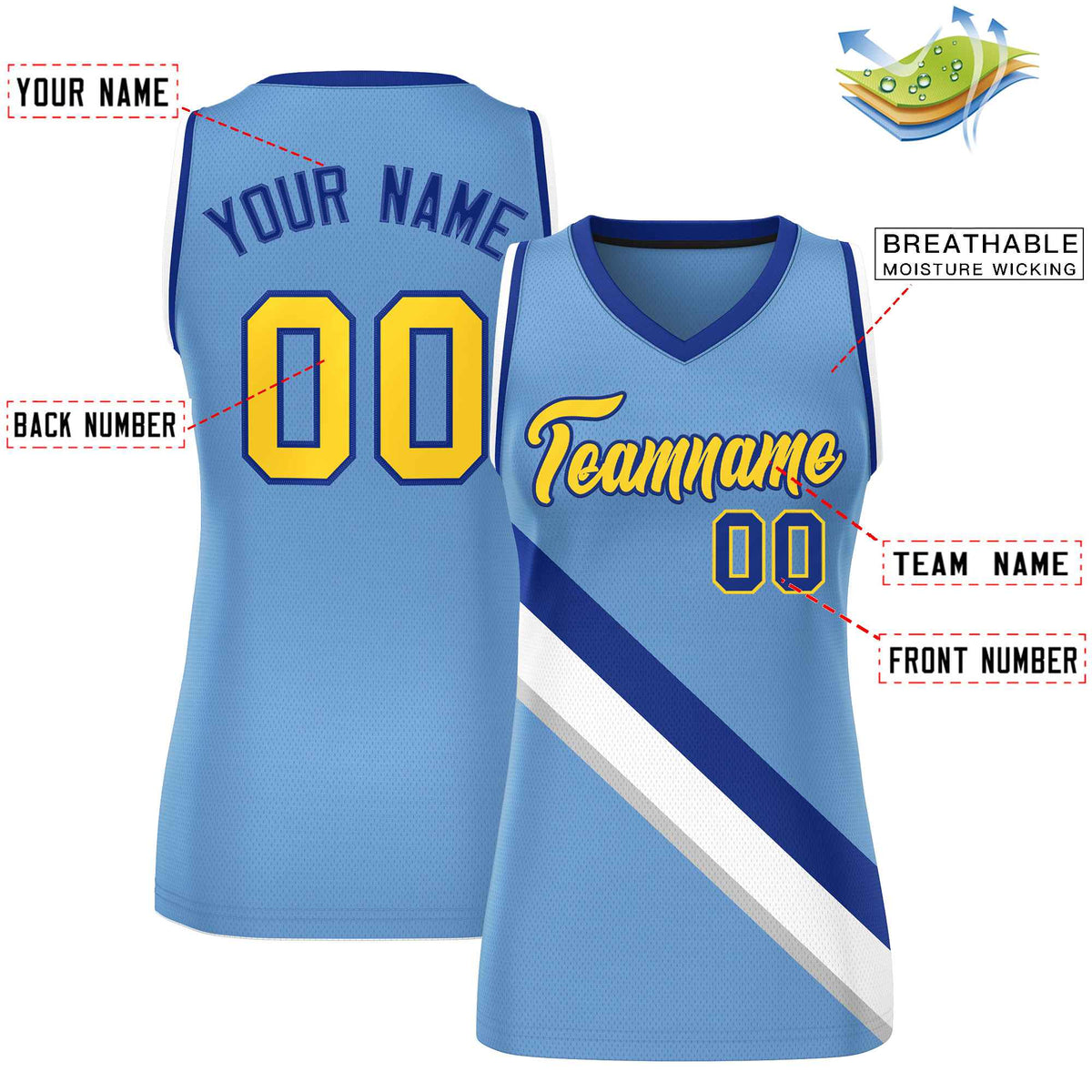 Custom Light Blue White-Royal Thick Slash Fashion Tops Mesh Netball Dress For Women
