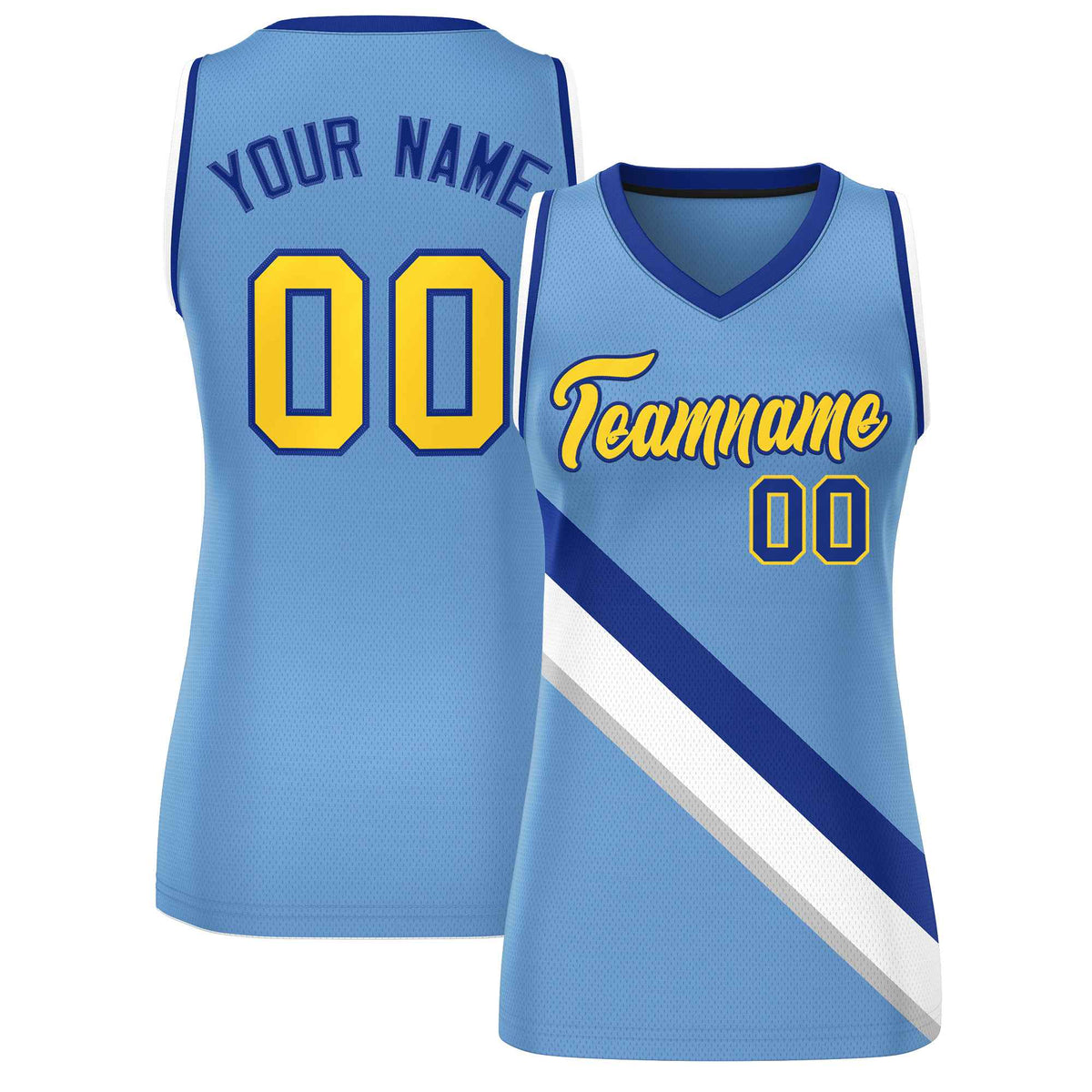 Custom Light Blue White-Royal Thick Slash Fashion Tops Mesh Netball Dress For Women