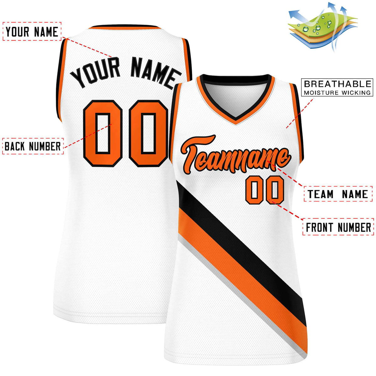 Custom White Orange-Black Thick Slash Fashion Tops Mesh Netball Dress For Women