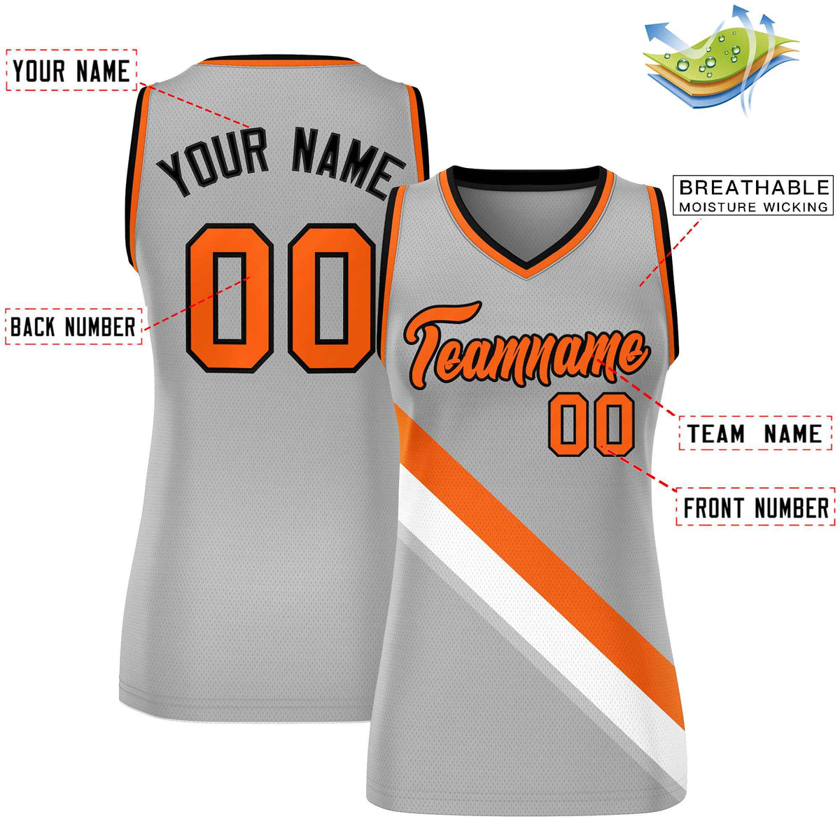 Custom Light Gray Orange-Black Thick Slash Fashion Tops Mesh Netball Dress For Women