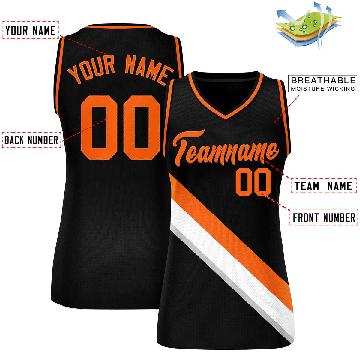 Custom Black Orange-White Thick Slash Fashion Tops Mesh Netball Dress For Women