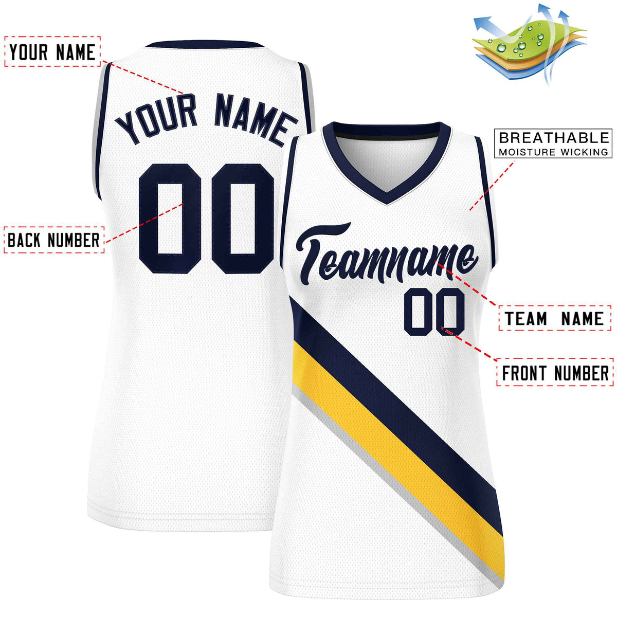 Custom White Navy-White Thick Slash Fashion Tops Mesh Netball Dress For Women