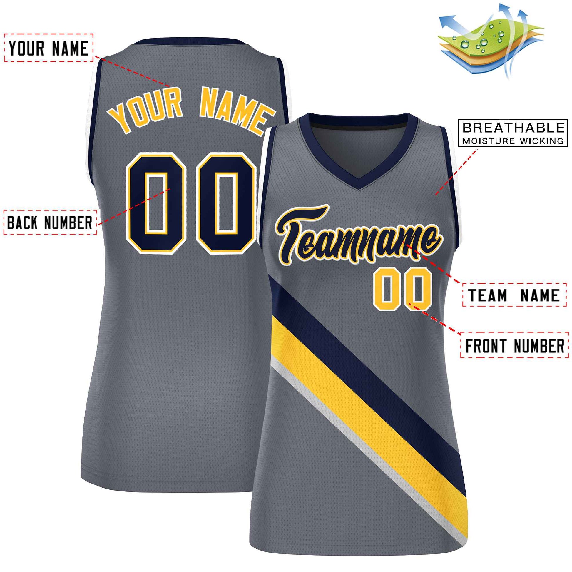 Custom Dark Gray Navy-White Thick Slash Fashion Tops Mesh Netball Dress For Women
