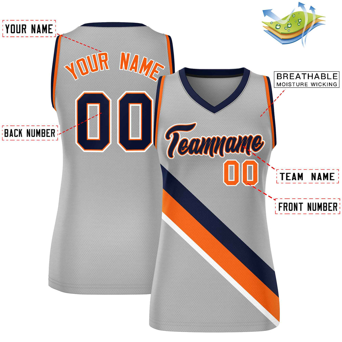 Custom Light Gray Orange-Navy Thick Slash Fashion Tops Mesh Netball Dress For Women