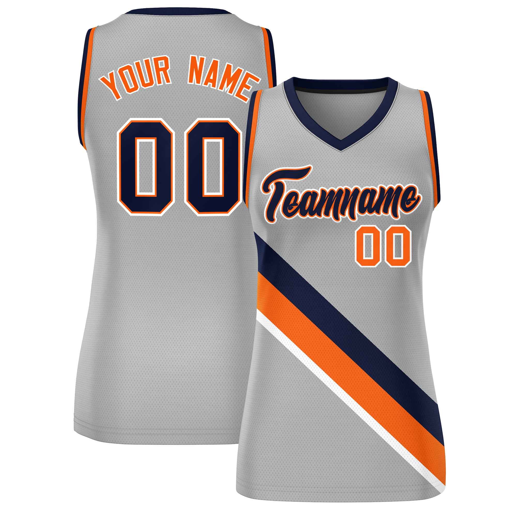 Custom Light Gray Orange-Navy Thick Slash Fashion Tops Mesh Netball Dress For Women