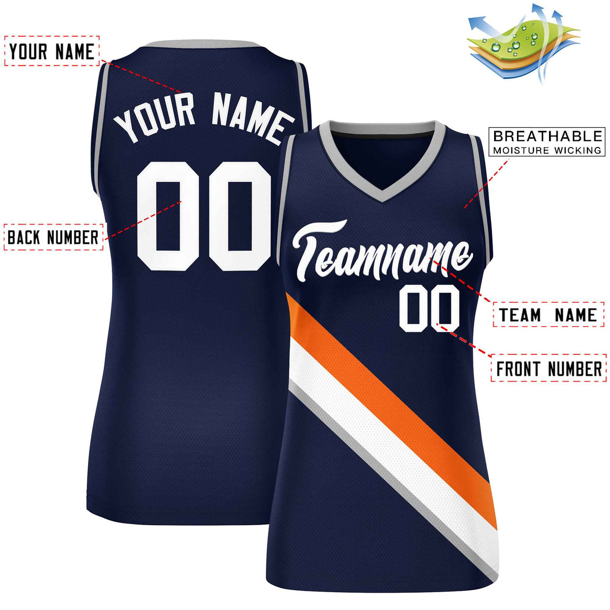 Custom Navy Gray-Navy Thick Slash Fashion Tops Mesh Netball Dress For Women