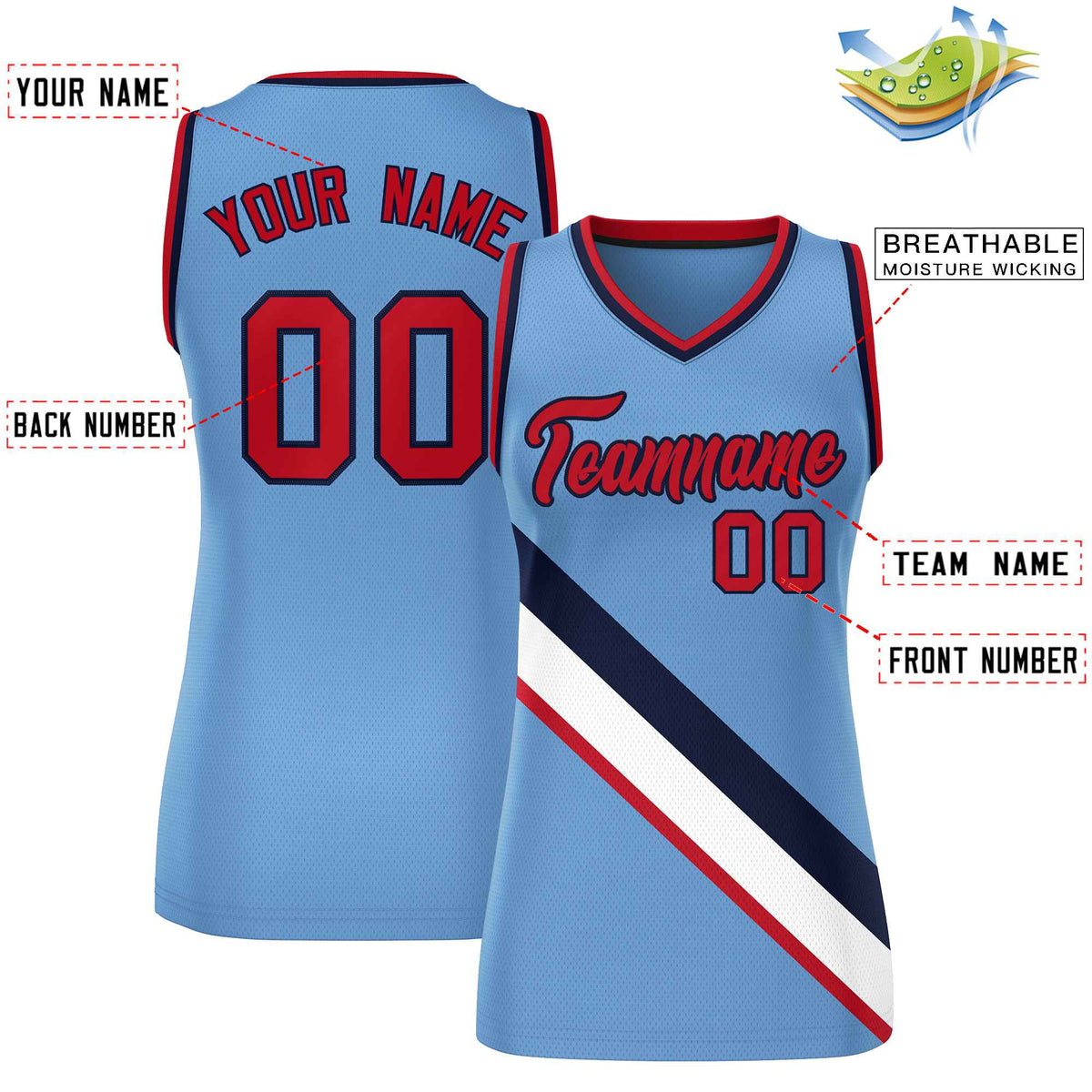 Custom Light Blue Navy-Red Thick Slash Fashion Tops Mesh Netball Dress For Women